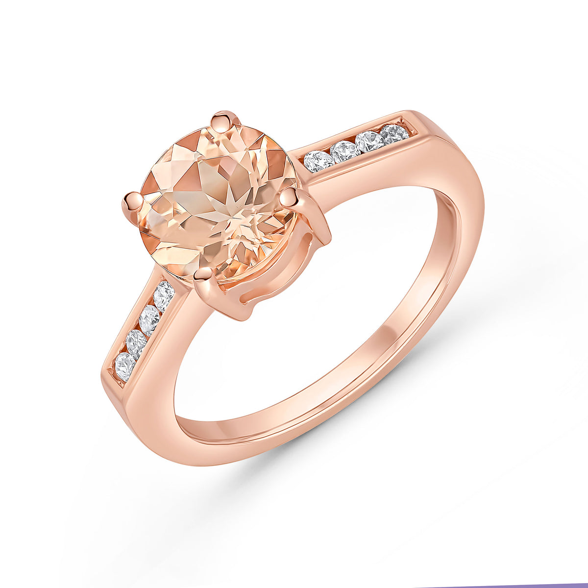 9ct Rose Gold Claw Set 8mm Round Morganite Single Stone Ring with Channel Set Diamond Shoulders