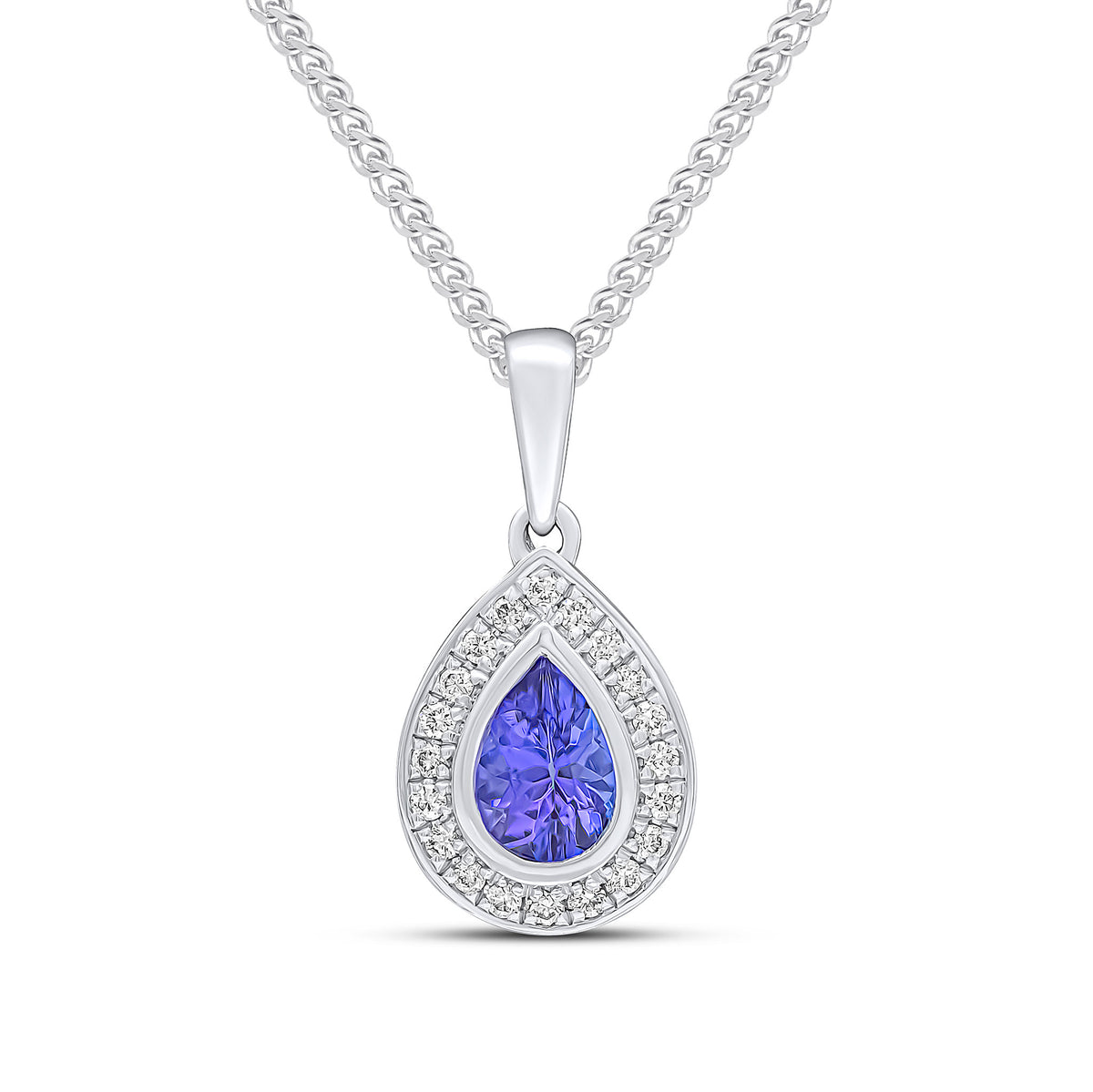 18ct White Gold Rubover Pear Shape Tanzanite and Grain Set Round Diamond Cluster Pendant