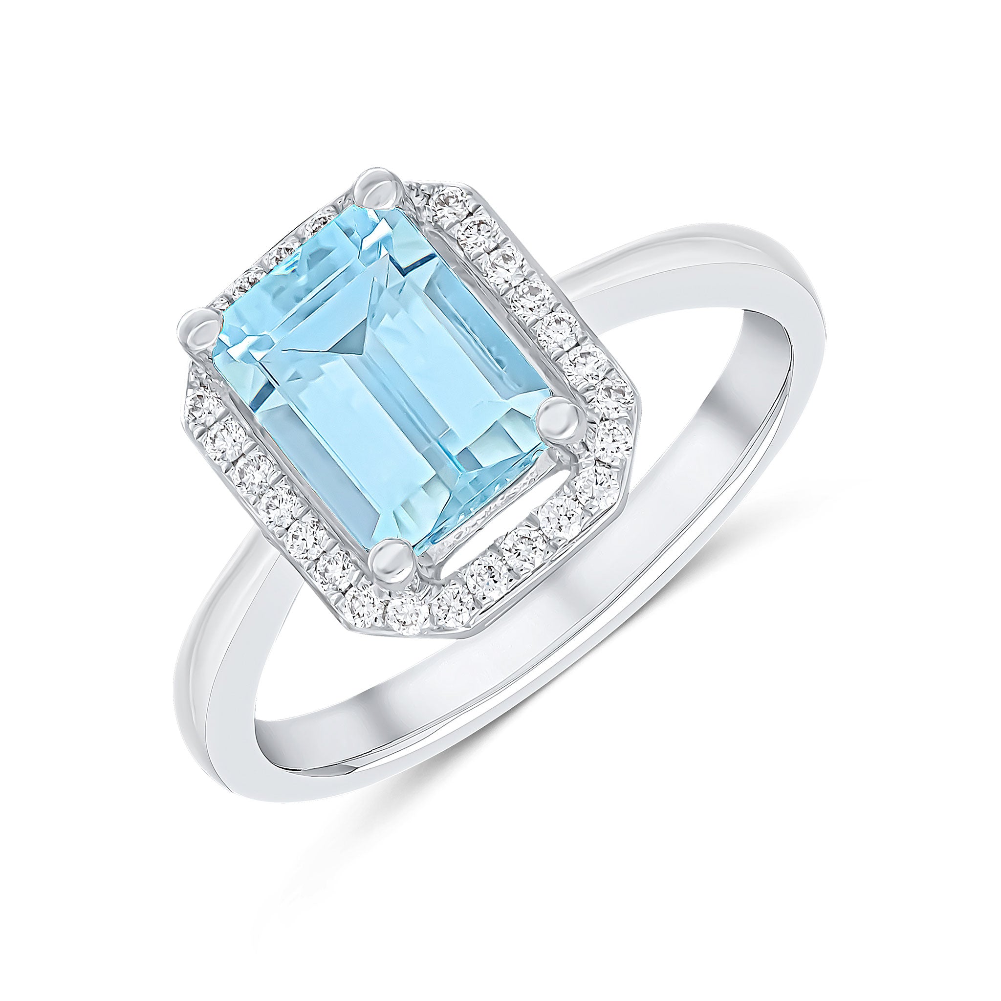18ct White Gold Octagon Aquamarine and Diamond Claw and Grain Set Halo Cluster Ring