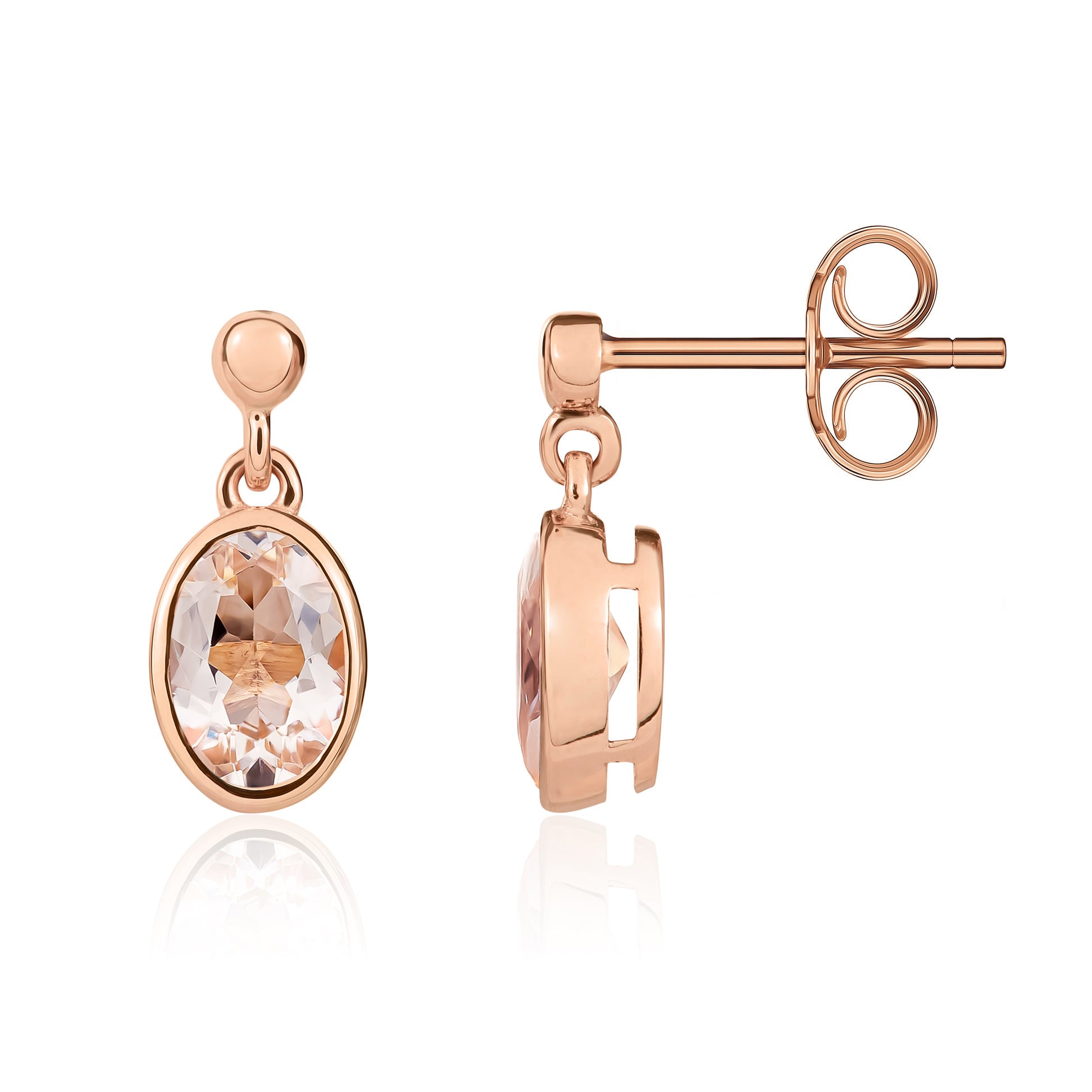 9ct Rose Gold 7x5mm Oval Morganite Rubover Drop Earrings with Bead Top