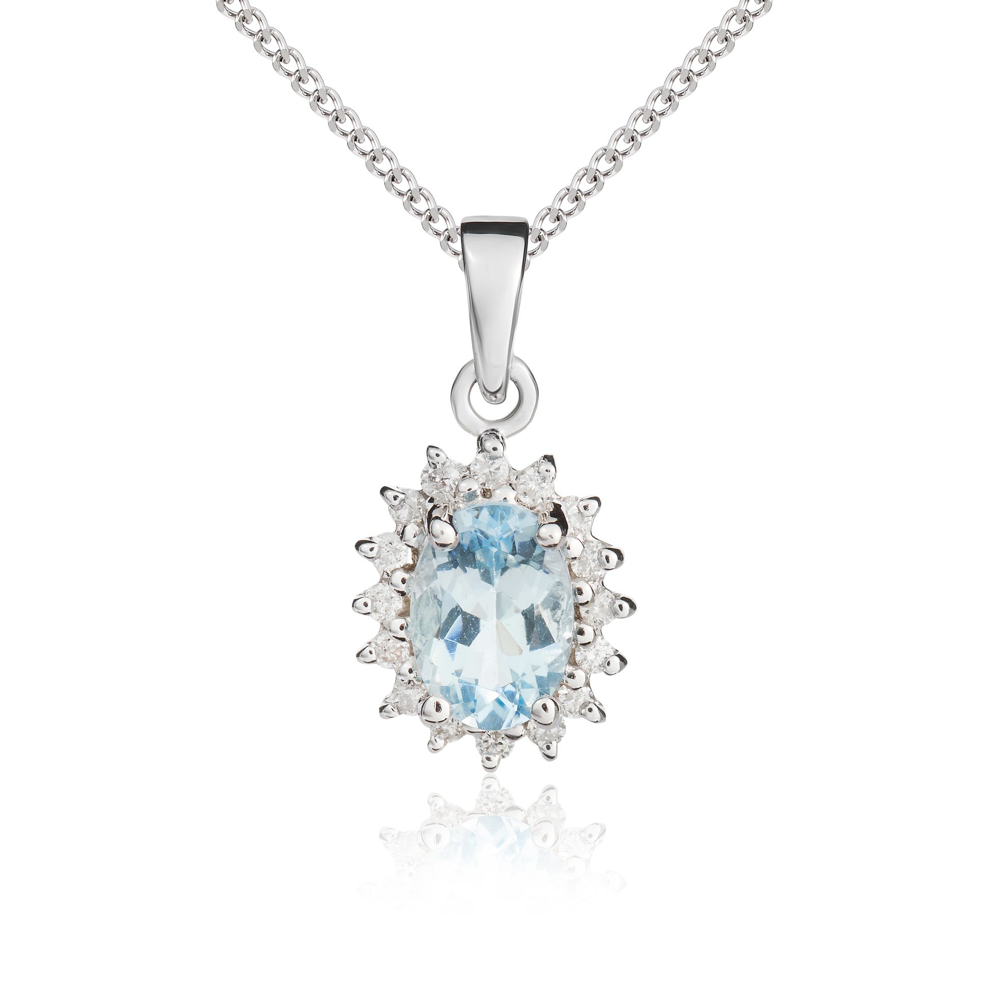 9ct White Gold Oval Aquamarine & Diamond Cluster Pendant