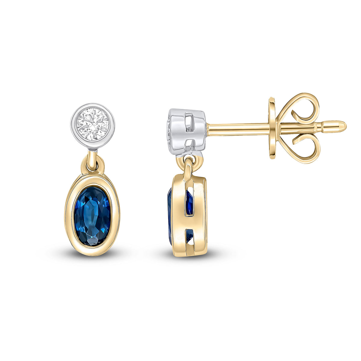 18ct Ywg Oval Sapphire and Round Diamond 2 Stone Rubover Drop Earrings