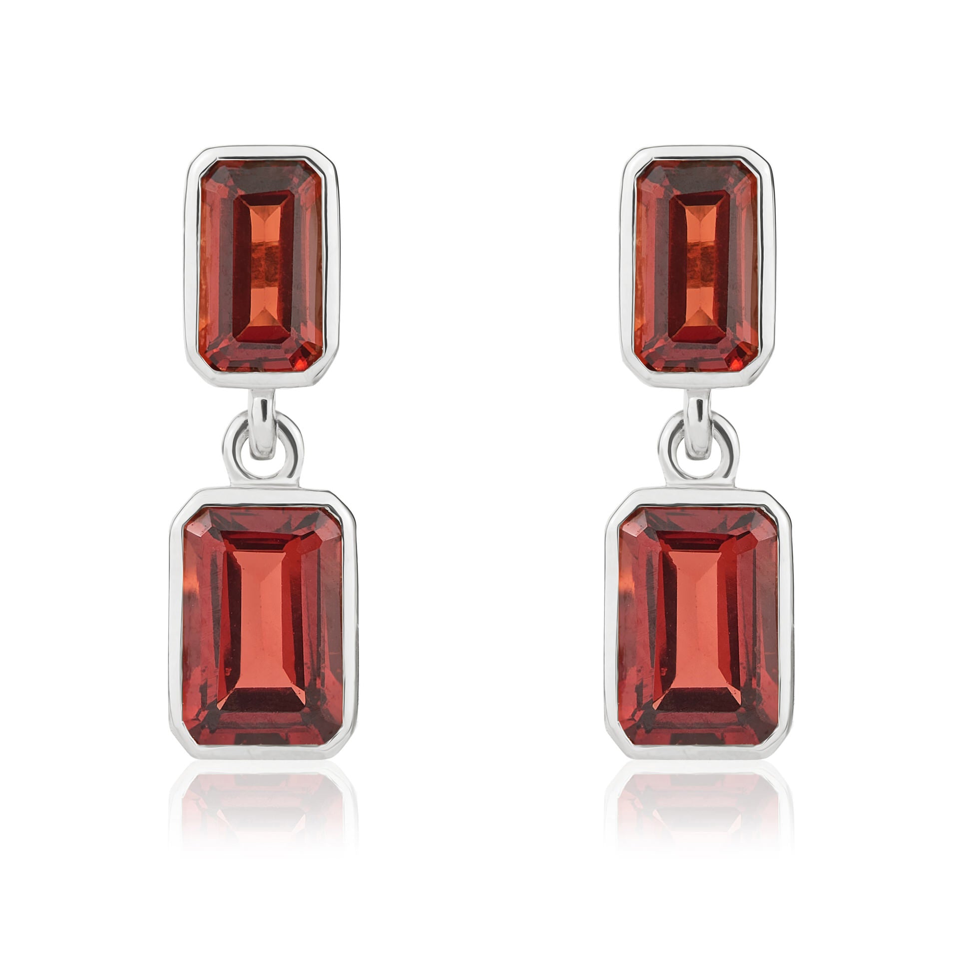 9ct white gold Octagon garnet rubover 2 stone Drop Earrings
