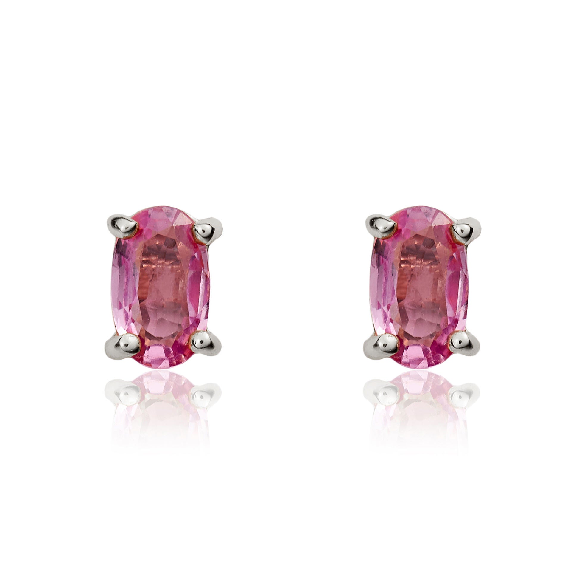 9ct White Gold 5x3mm Oval Pink Sapphire 4 Claw Stud Earrings