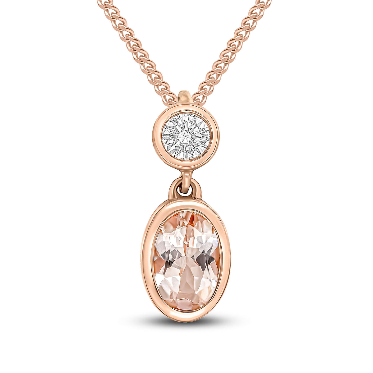 18ct Rose Gold Oval Morganite & Round Diamond 2 Stone Rubover Slider Pendant