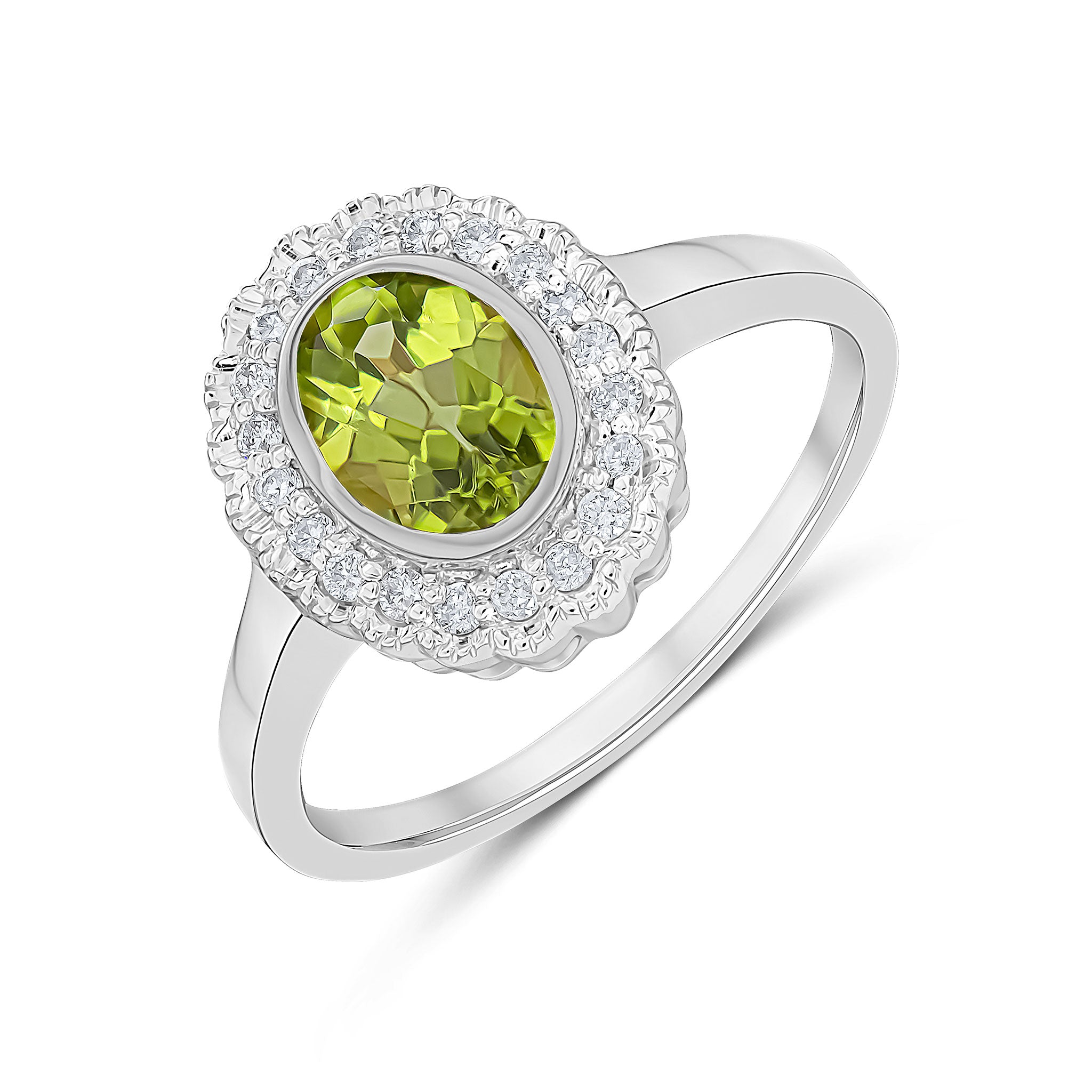 9ct White Gold Rubover Oval Peridot and Milgrain Round Diamond Cluster Ring
