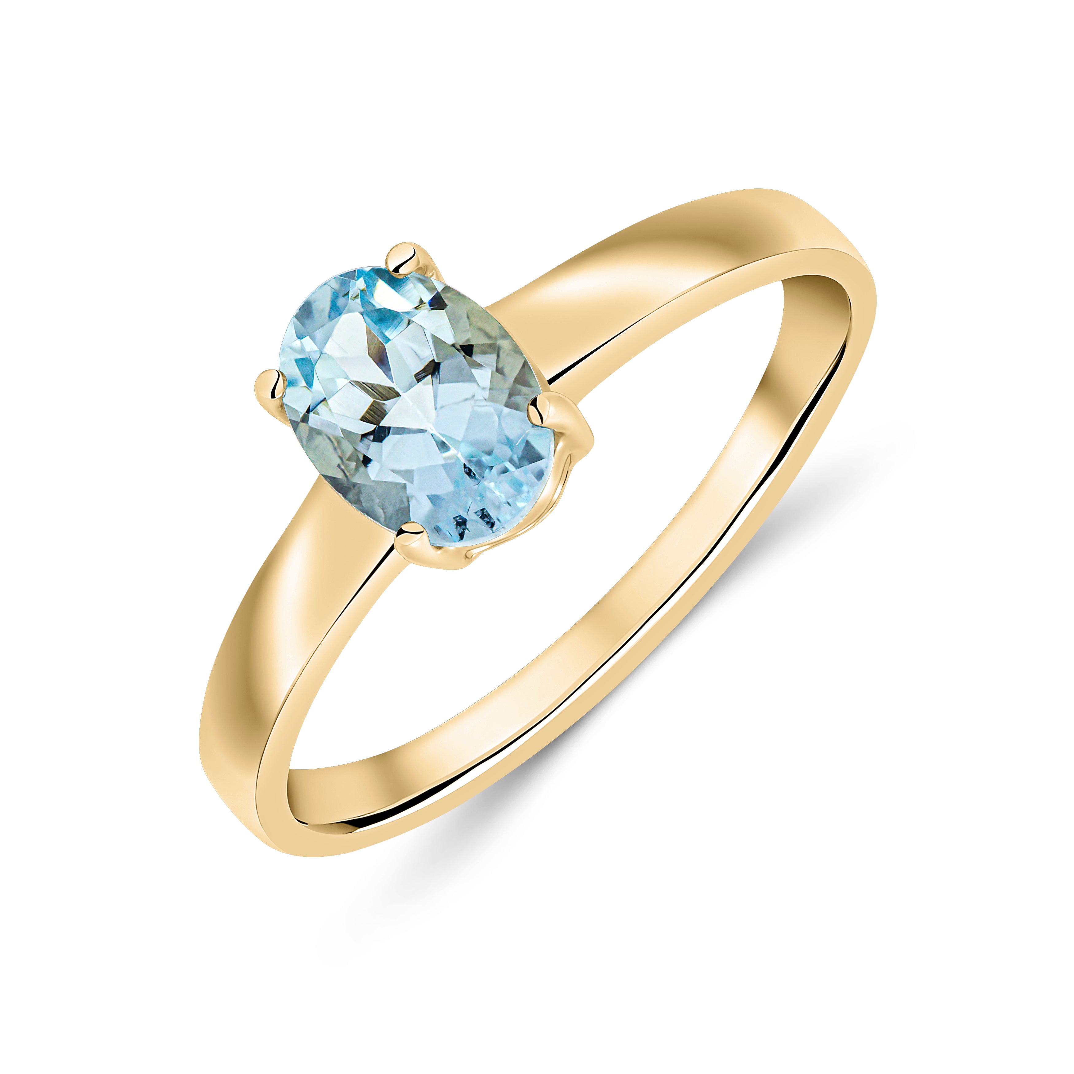 9CT YELLOW GOLD 7X5MM OVAL AQUA 4 CLAW SINGLE STONE RING 1