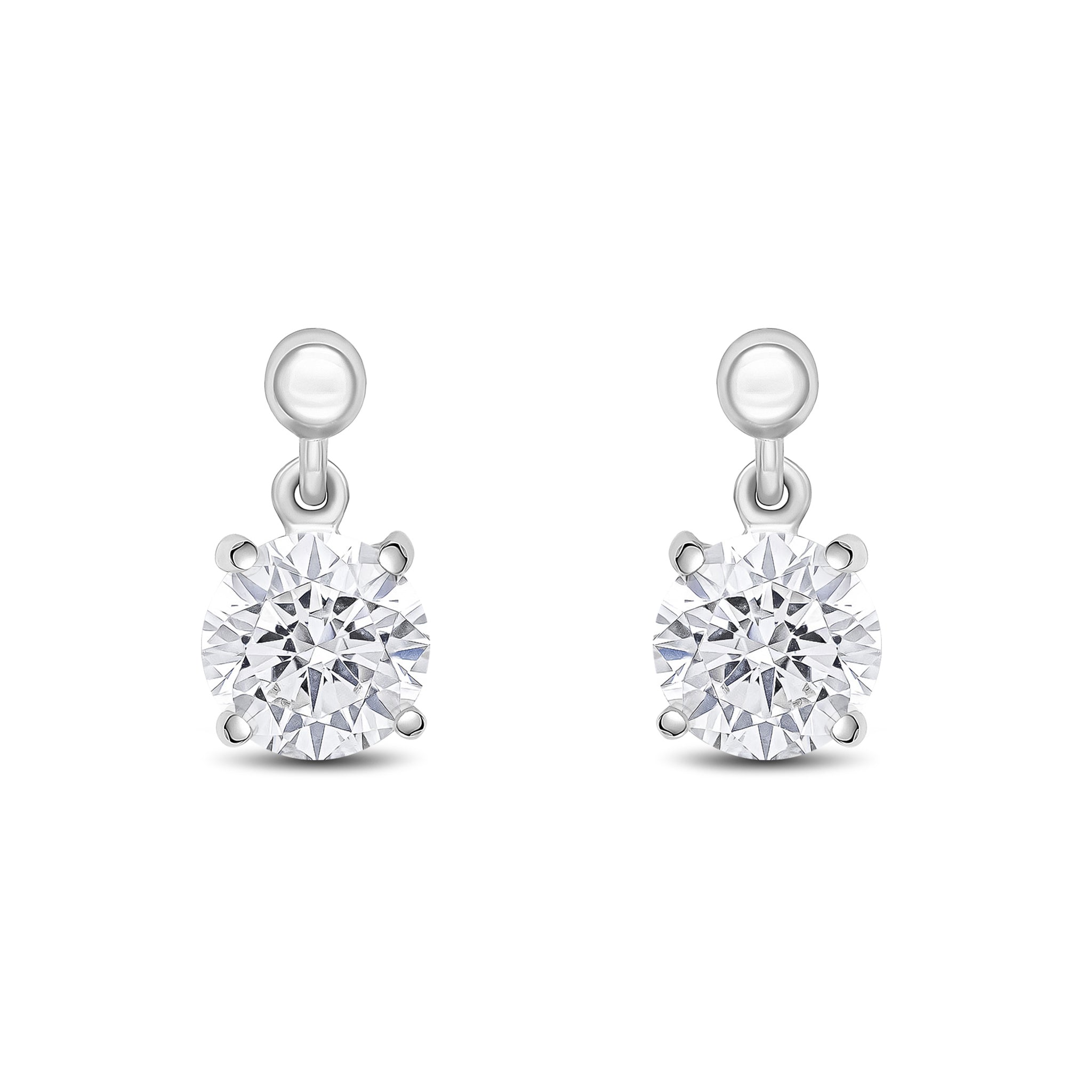 9ct White Gold 6mm Round CZ Claw Set Drop Earrings with Bead Top