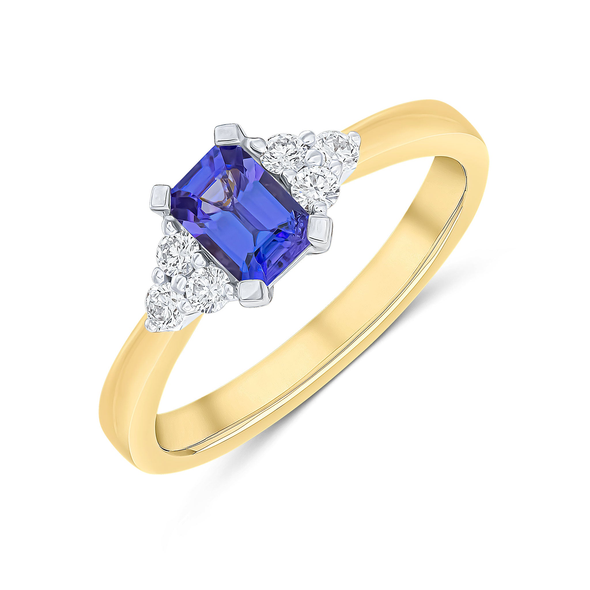 18ct Ywg 6x4 Octagon Tanzanite and Round Diamond Trefoil Shoulders Claw Set Ring
