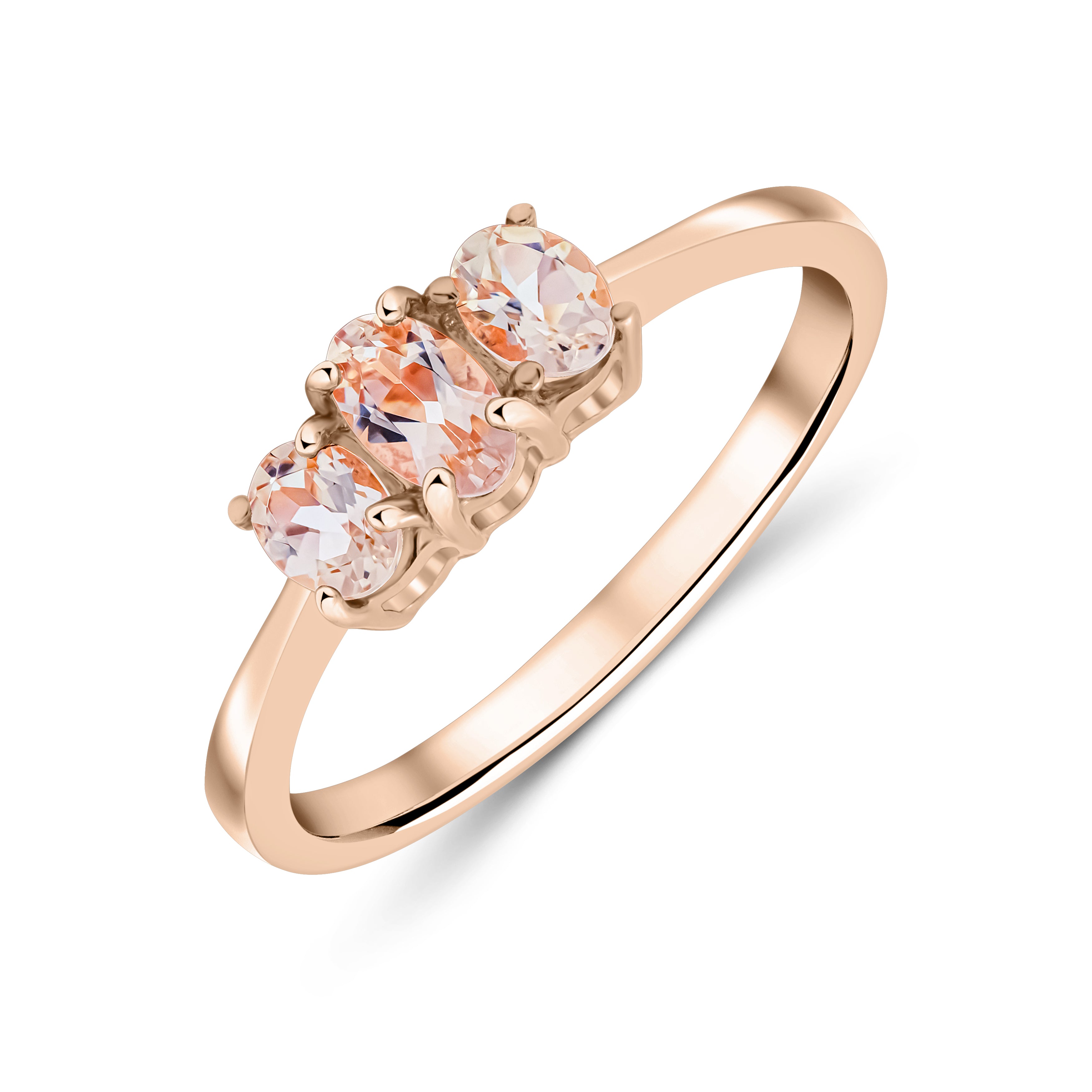 9ct Rose Gold Oval Morganite 3 Stone Claw Set Ring
