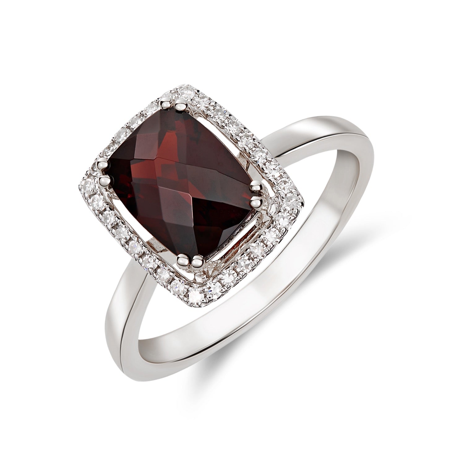 9CT WG 8X6 CUSHION CHECKERBOARD CUT GARNET & DIAMOND HALO CLUSTER RING 1