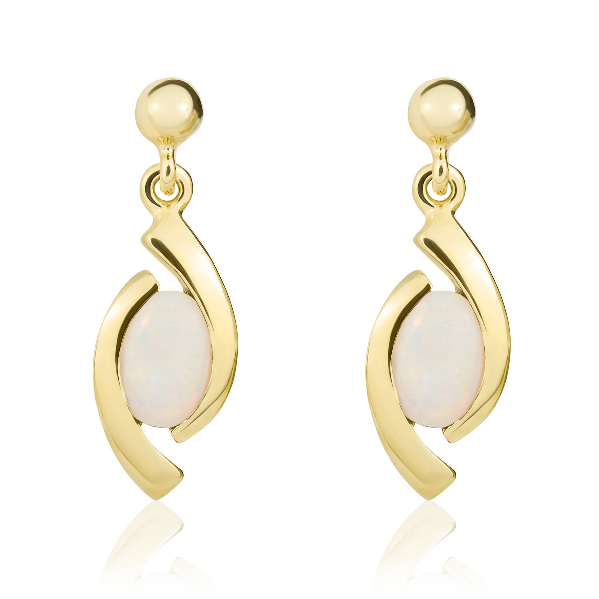 9ct yellow gold oval Opal 'Eye' Drop Earrings With 3mm Bead Top