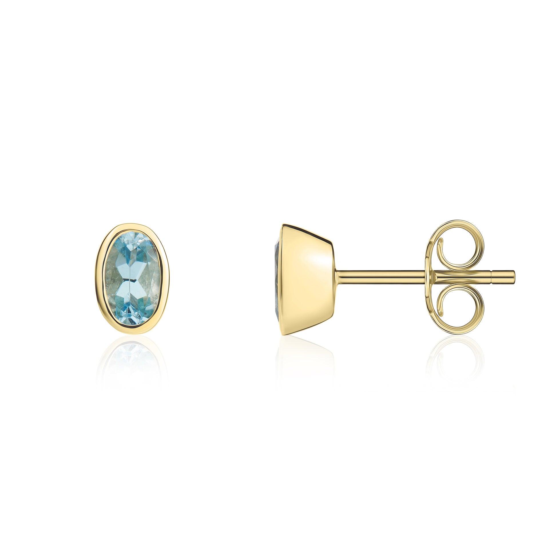 9ct Yellow Gold 5x3mm Oval Aquamarine Rubover Stud Earrings