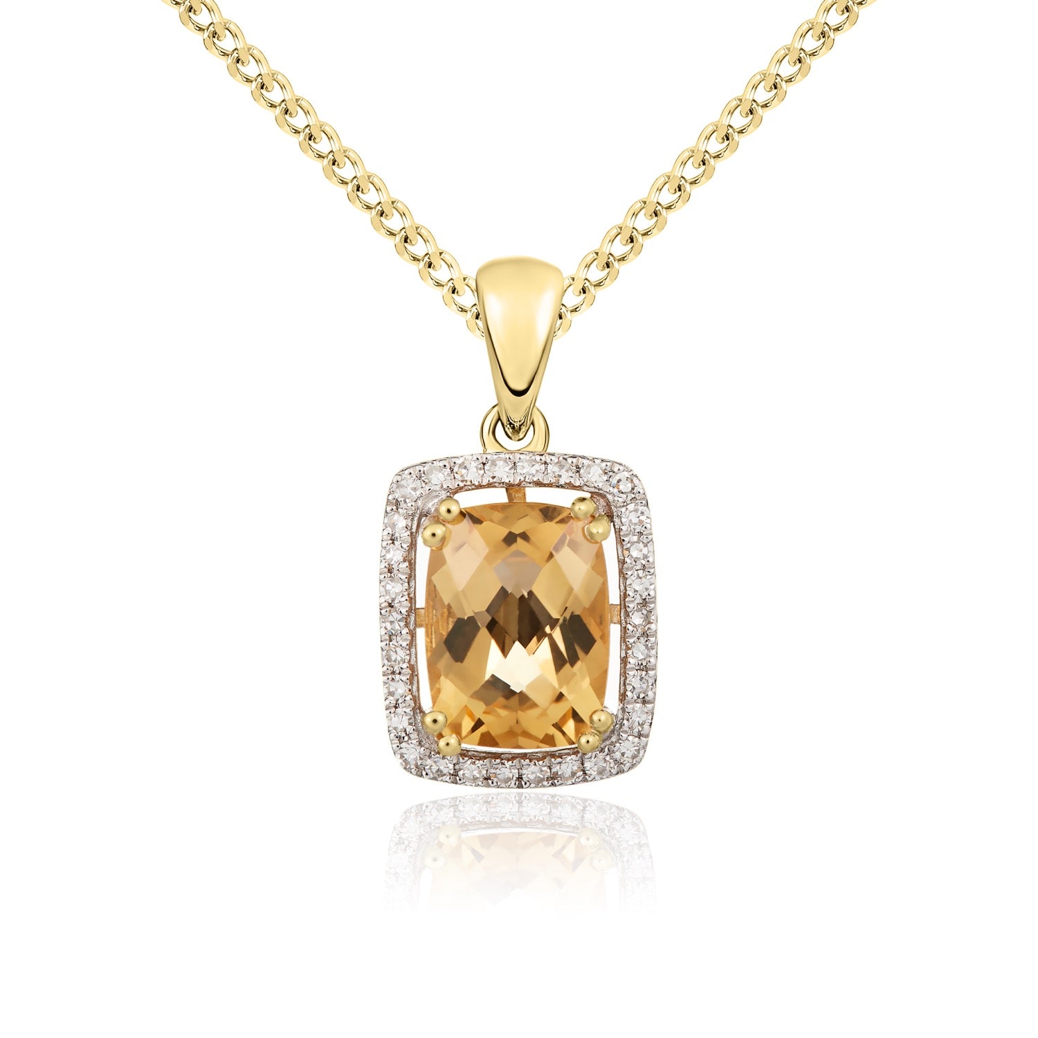 9ct Yellow Gold Octagonal Cushion Citrine & Diamond Cluster Pendant