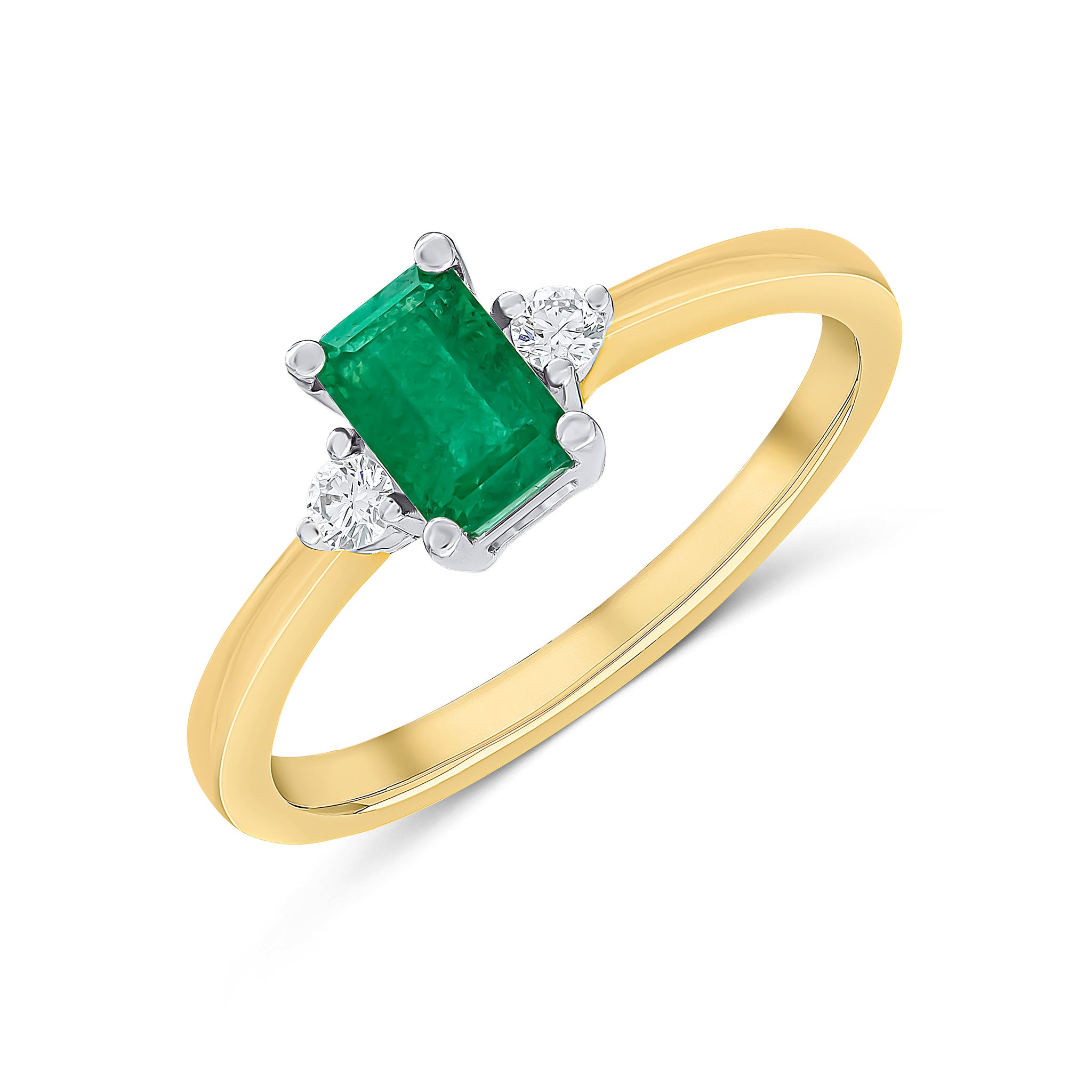 18ct Ywg 6x4 Octagon Emerald and Diamond Claw 3 Stone Ring