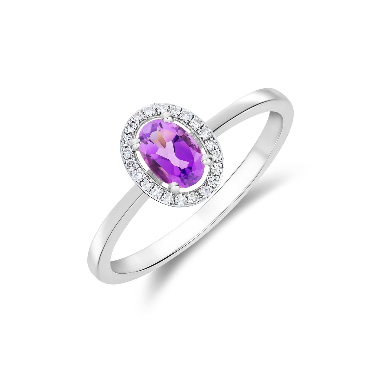 9ct White Gold 6x4 Oval Amethyst and Round Diamond Halo Cluster Ring