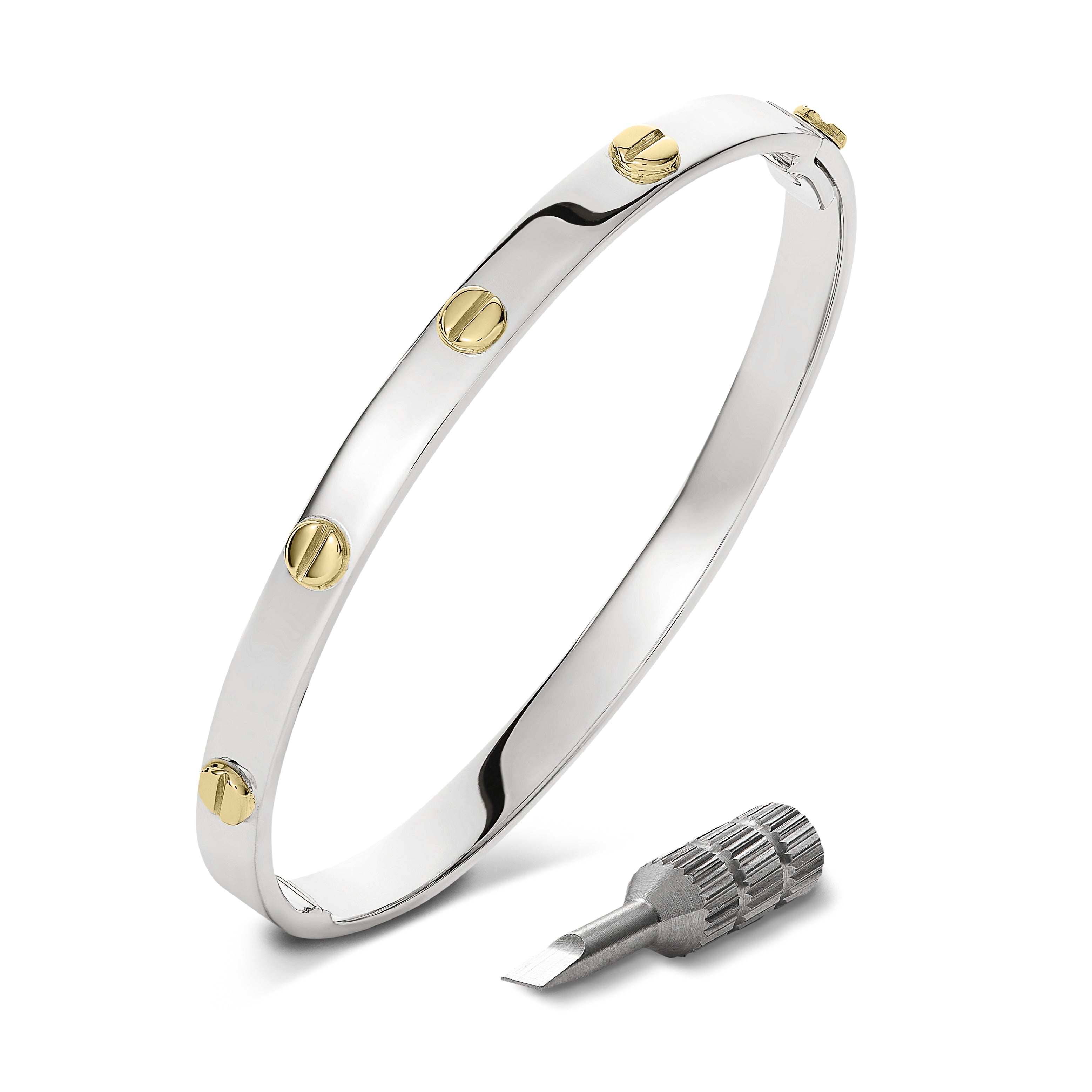 9ct White Gold Square Section Solid Bangle with Yellow Gold Screws
