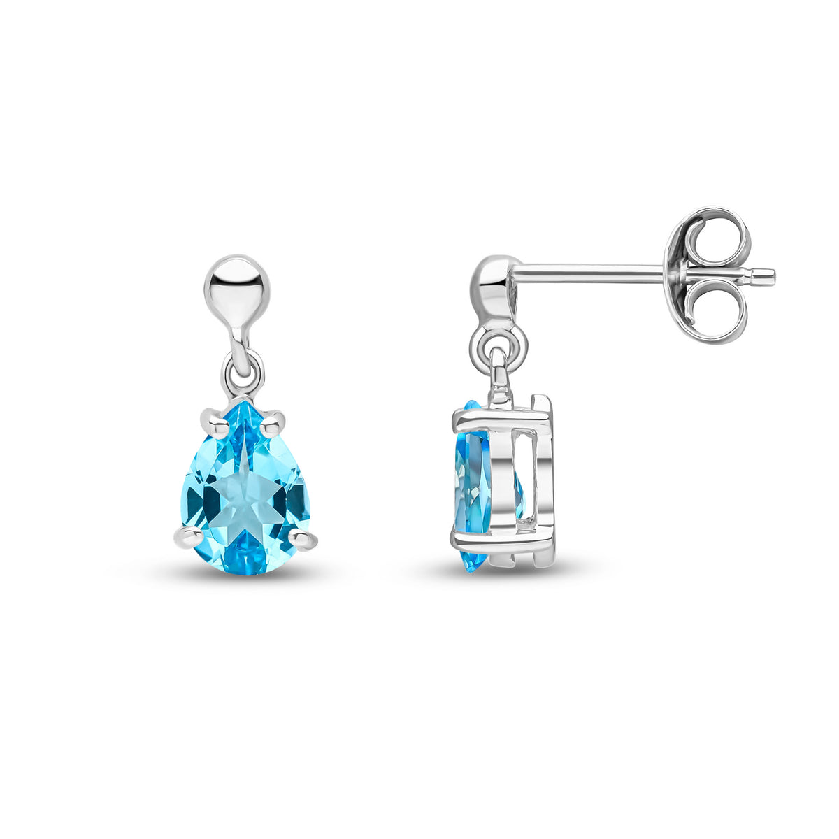 9ct White Gold 7x5 Pear Shape Swiss Blue Topaz Claw Set Drop Earrings with Bead Top