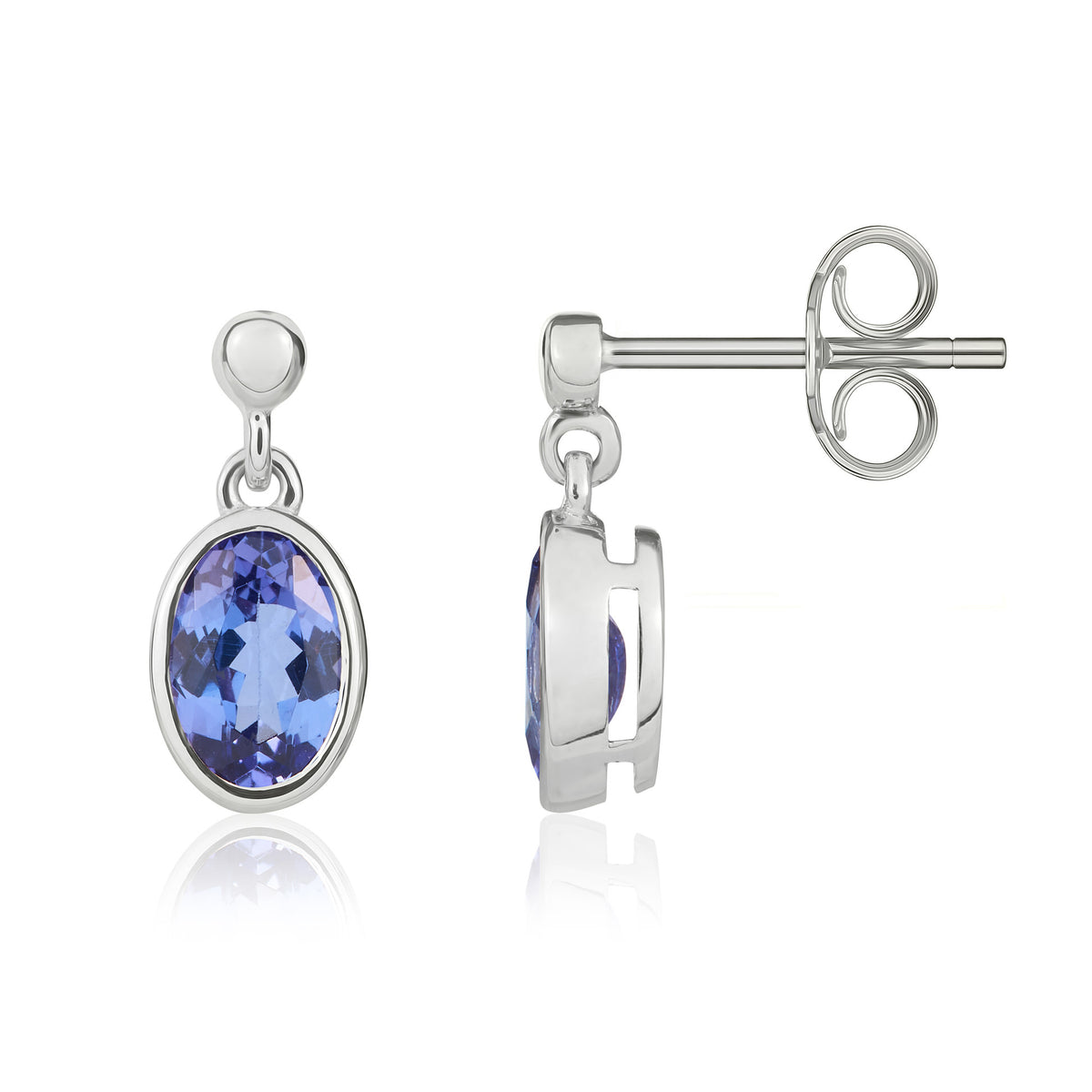 9ct White Gold 7x5mm Oval Tanzanite Rubover Drop Earrings with Bead Top