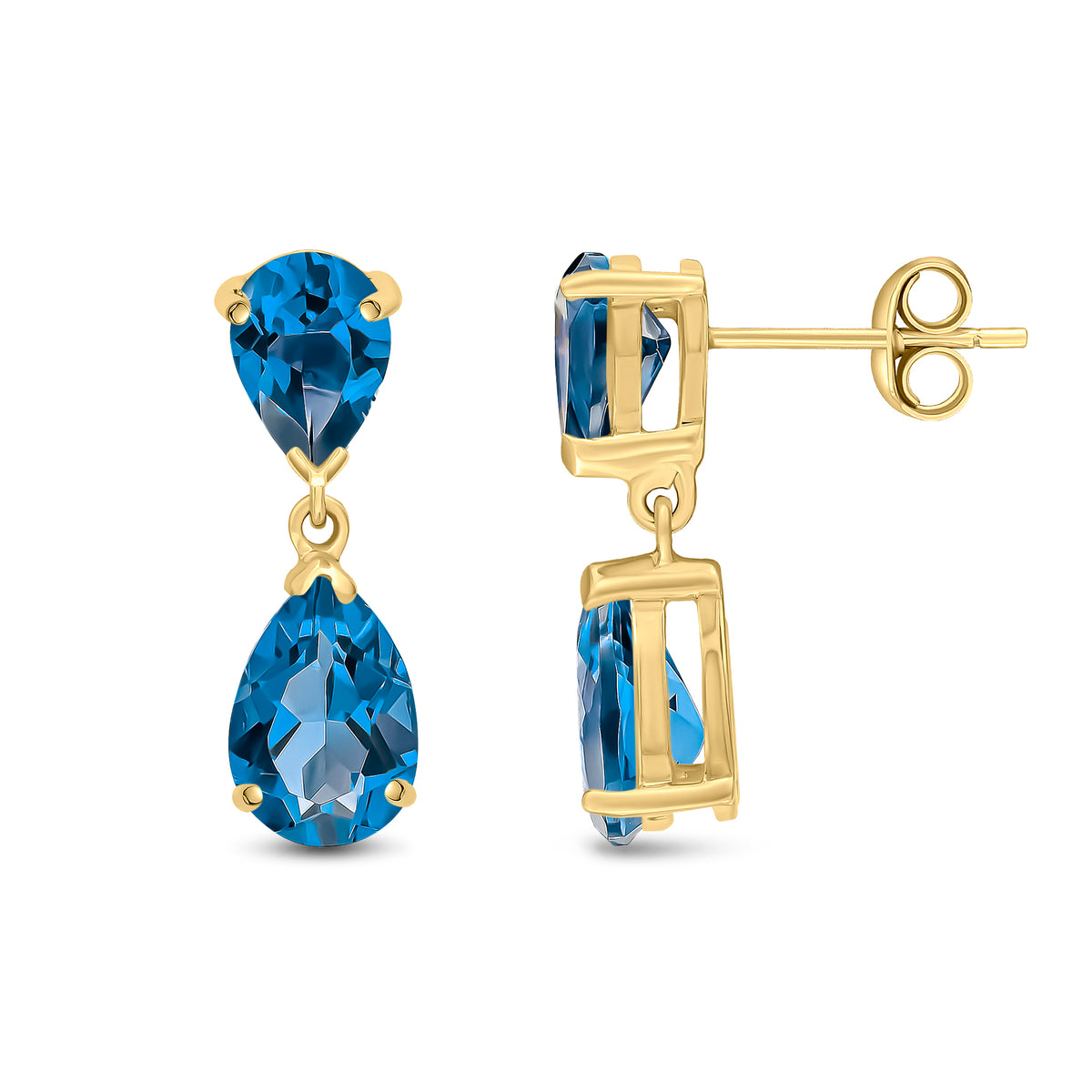 9ct Yellow Gold Pear Shape London Blue Topaz 2 Stone Claw Set Drop Earrings