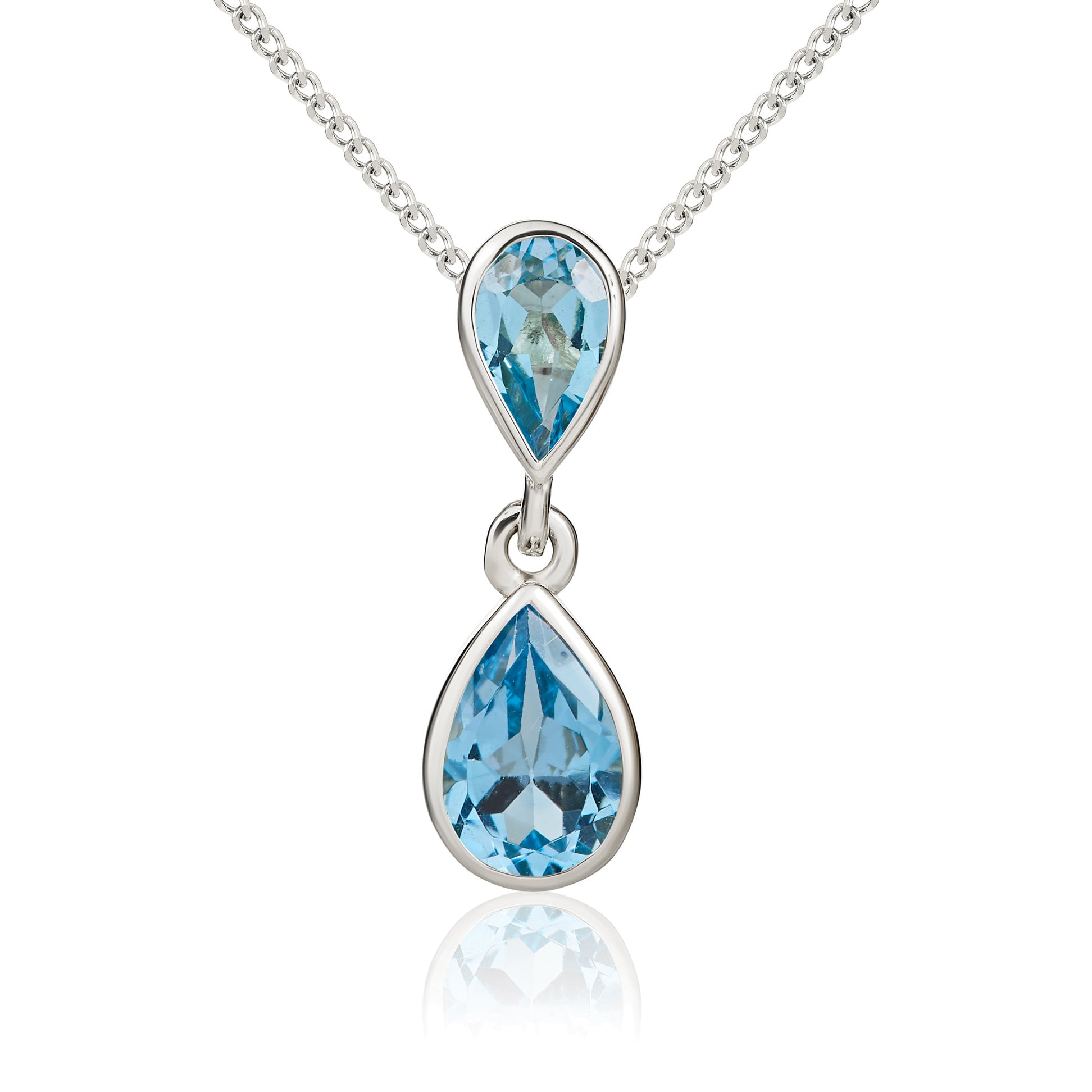 9ct White Gold Pear Shaped Swiss Blue Topaz Rubover Double Drop Pendant