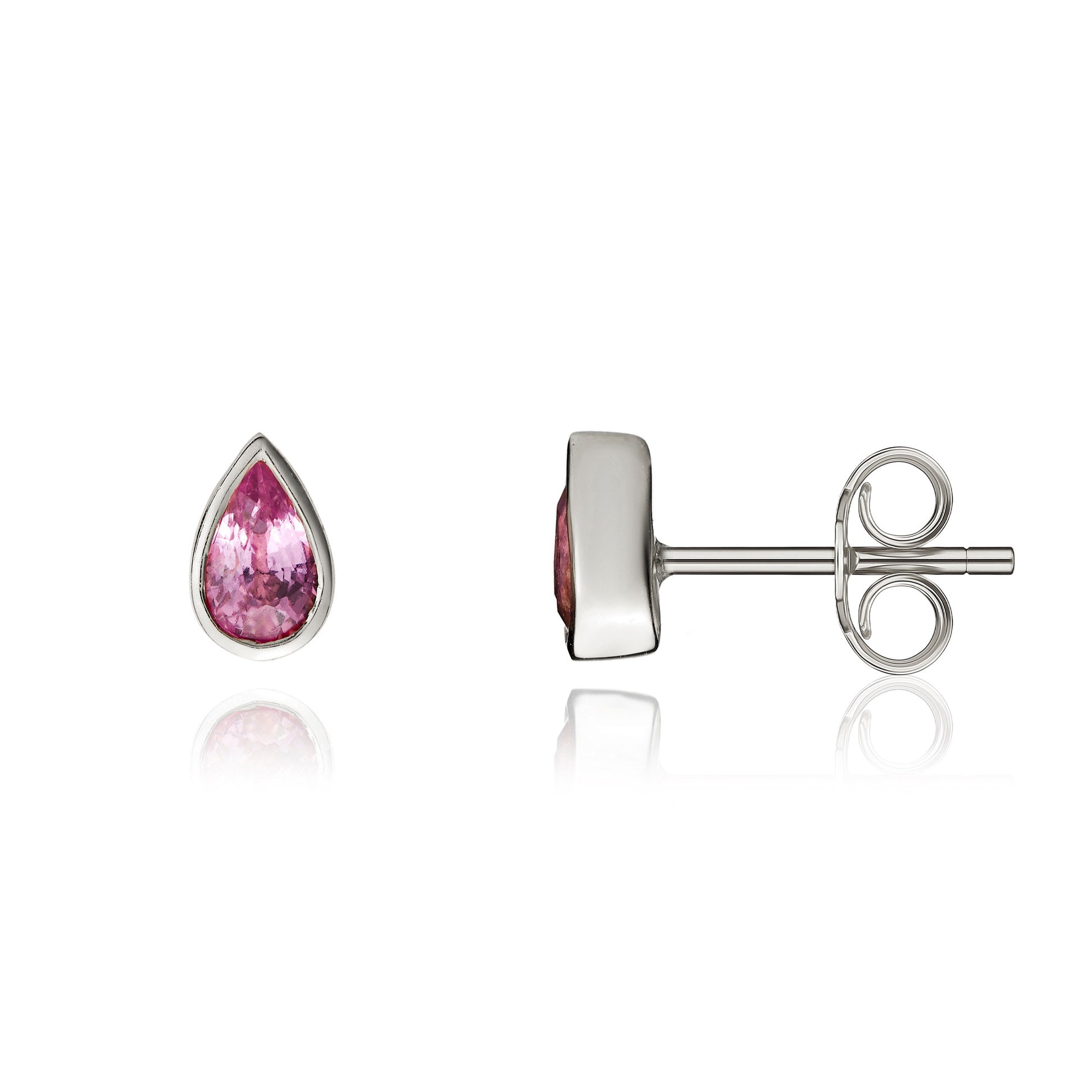 9ct White Gold 5x3 Pear Shape Pink Sapphire Rubover Set Earrings