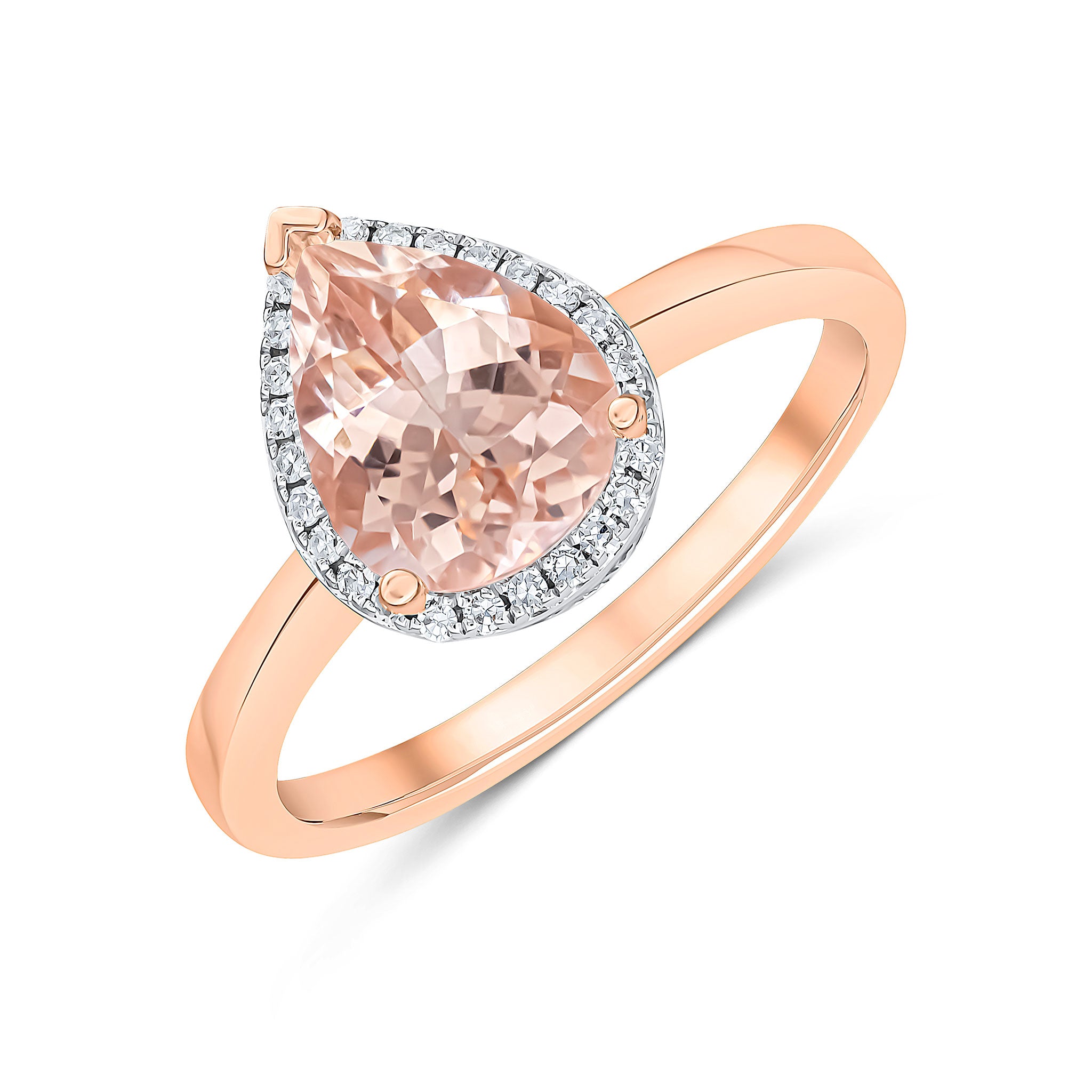 9ct Rose Gold 9x7 Pear Shape Morganite & Diamond Claw Set Cluster Ring Rhodium to Diamonds