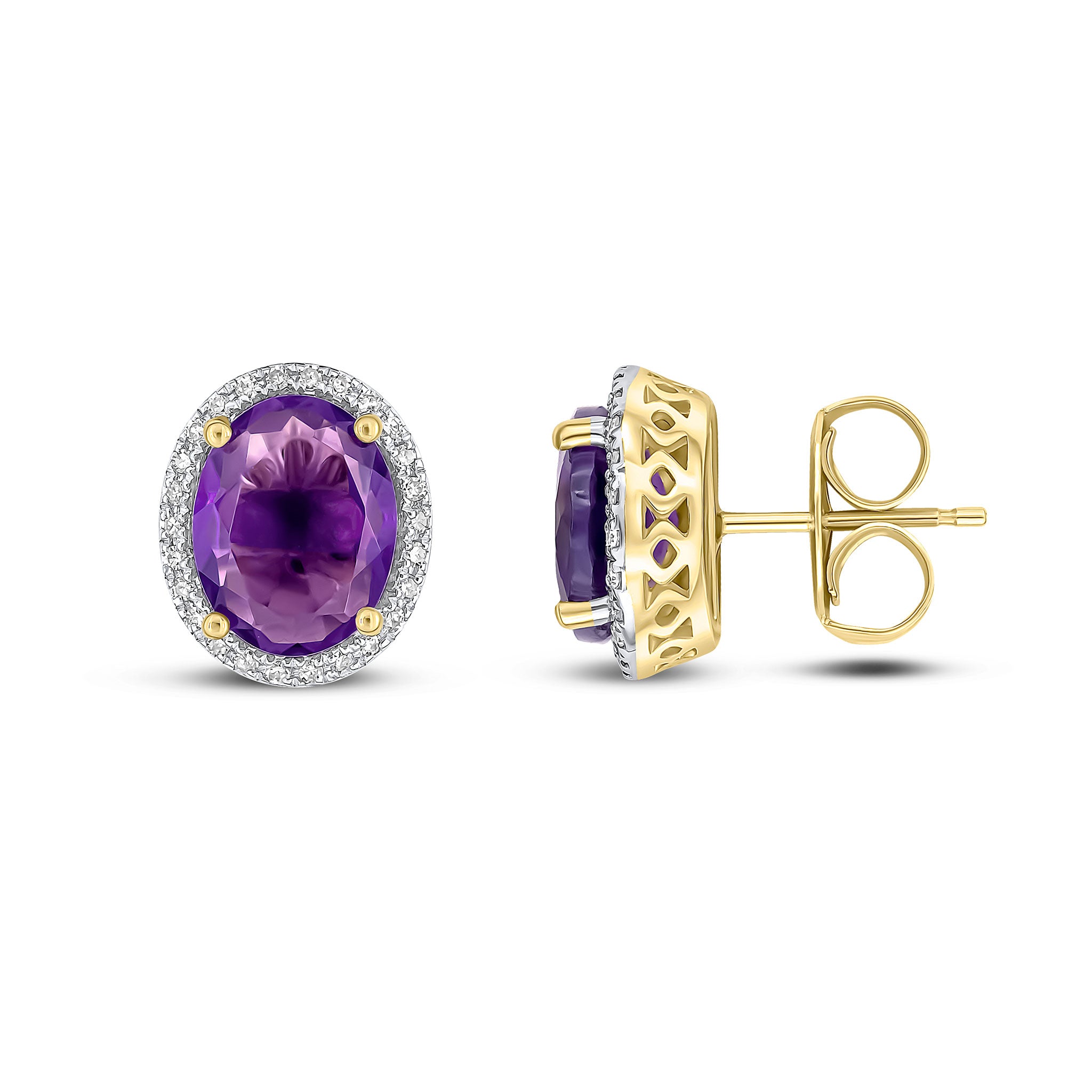 9ct Yellow Gold 9x7 Oval Amethyst & Diamond Cluster Stud Earrings