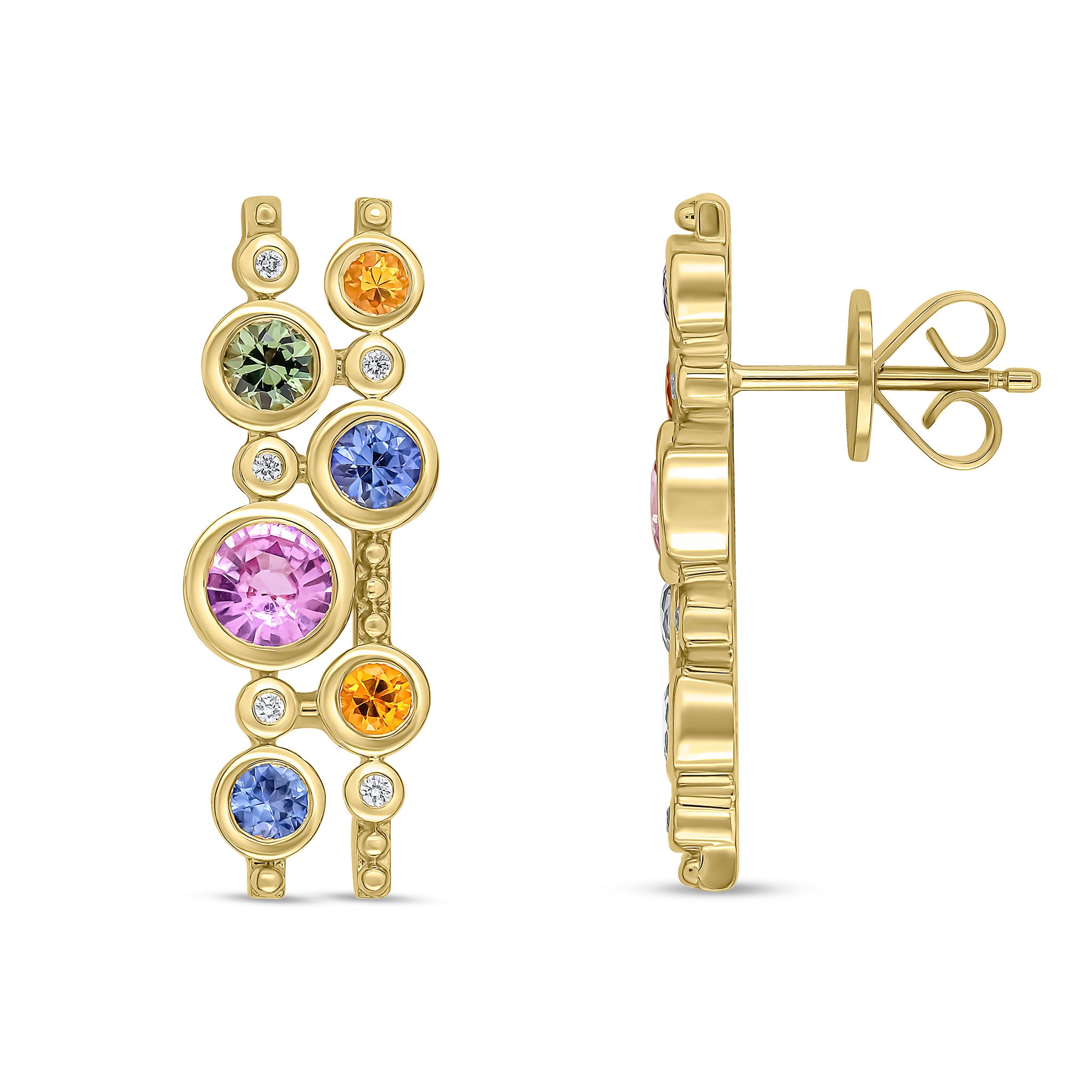 9ct Yellow Gold Multi Sapphire & Diamond 2 Row Bubble Earrings