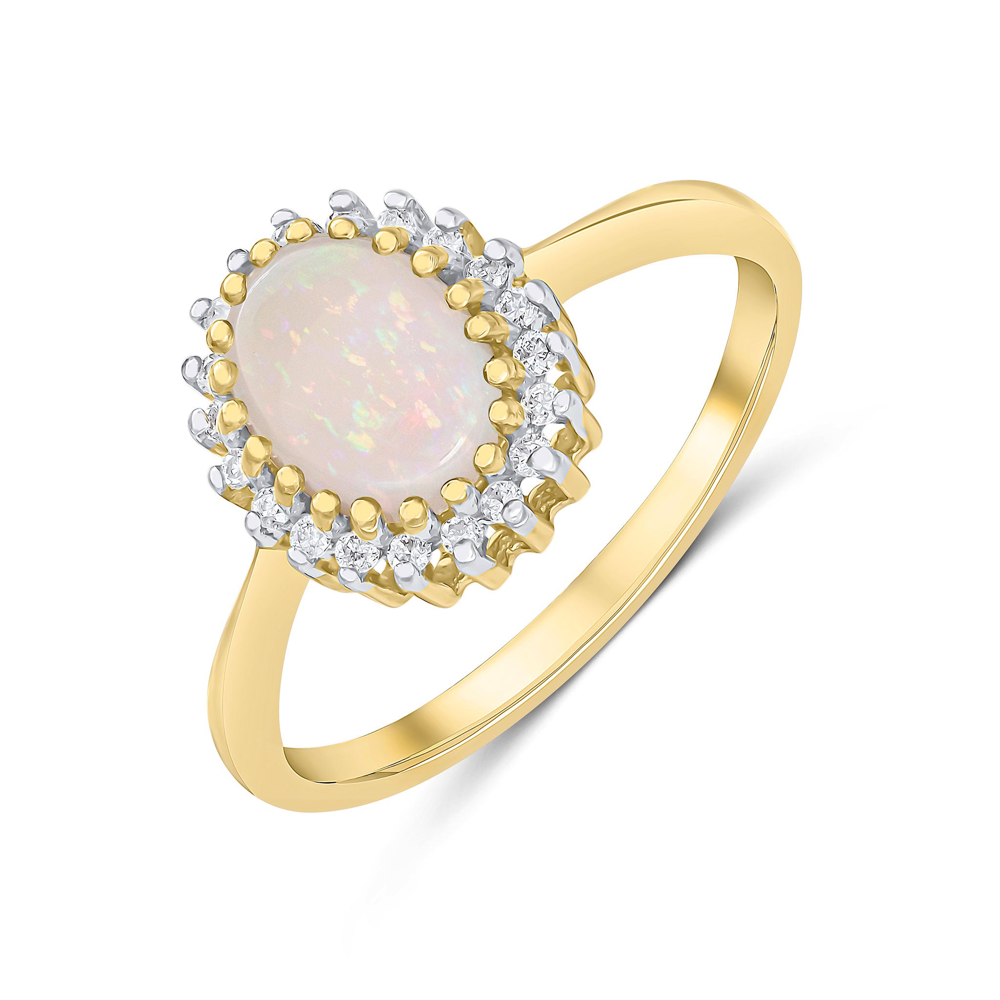9ct Yellow Gold 8x6 Oval Opal & Diamond Claw Set Cluster Ring Rhodium to Diamonds