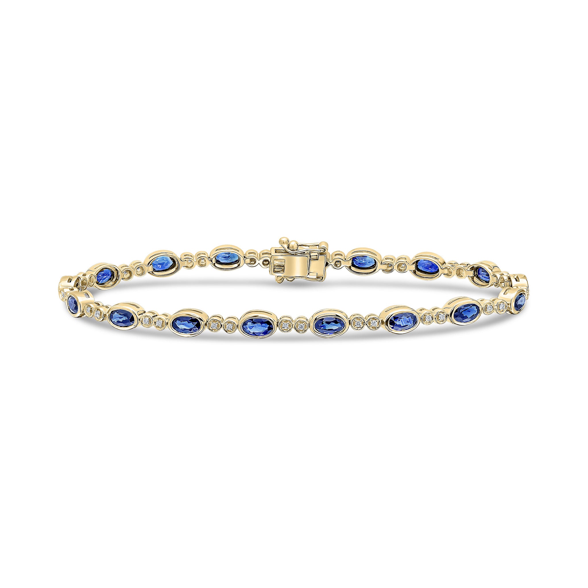 18ct Yellow Gold Oval Sapphire & Round Diamond Rubover Line Bracelet Rhodium to Diamonds