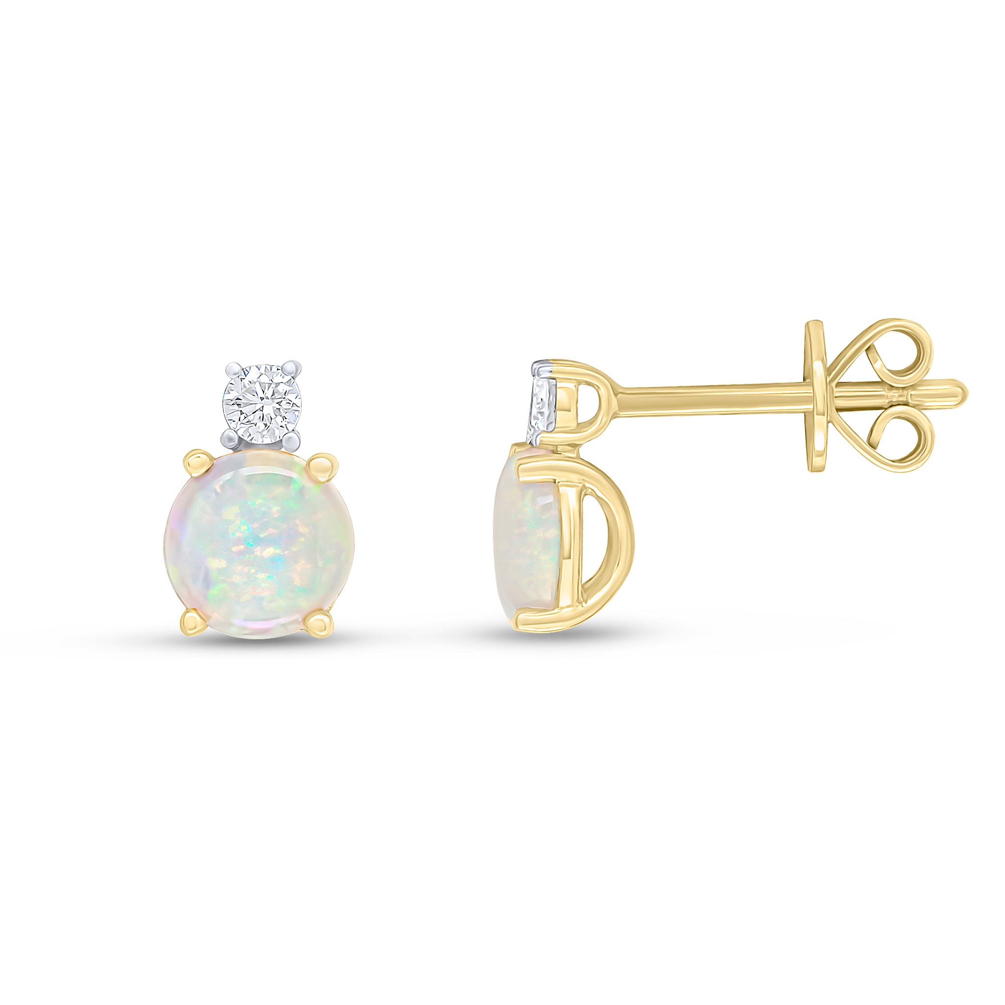 18ct Yellow Gold 5.5mm Round Opal and Round Diamond Claw Set 2 Stone Stud Earrings