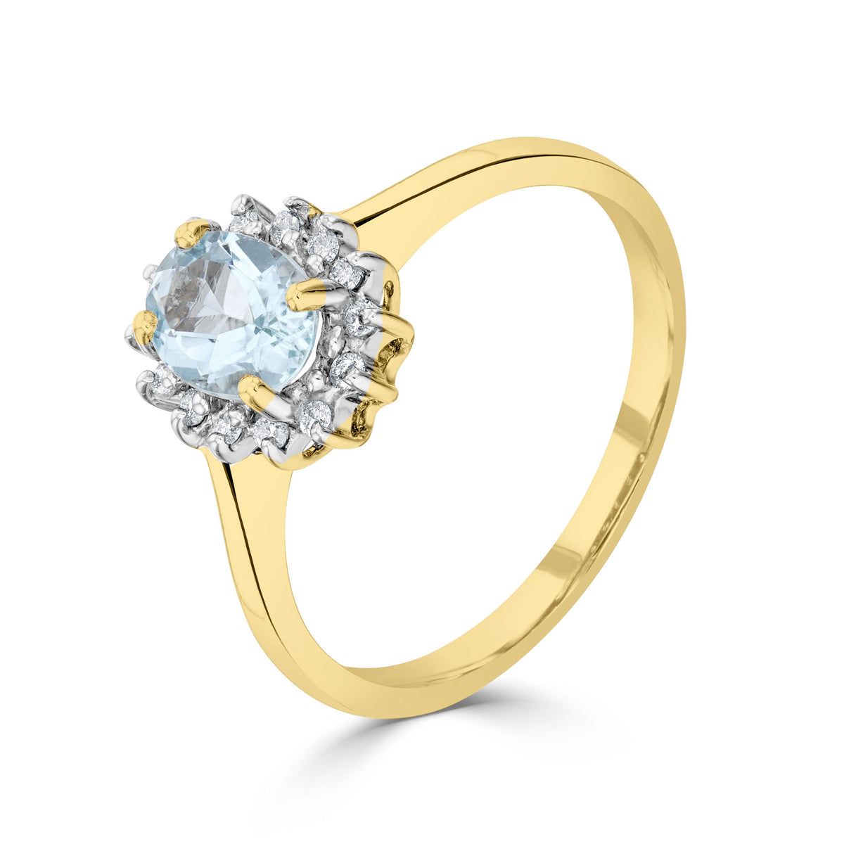 9ct Yellow Gold 7x5 Oval Aquamarine & Diamond Claw Set Cluster Ring Rhodium to Diamonds