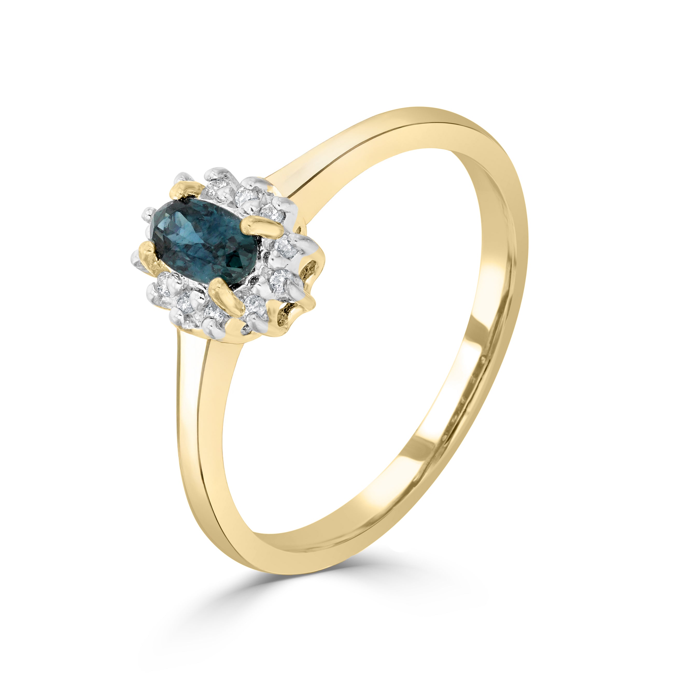 9ct Yellow Gold 5x3 Oval Sapphire & Diamond Claw Set Cluster Ring Rhodium to Diamonds