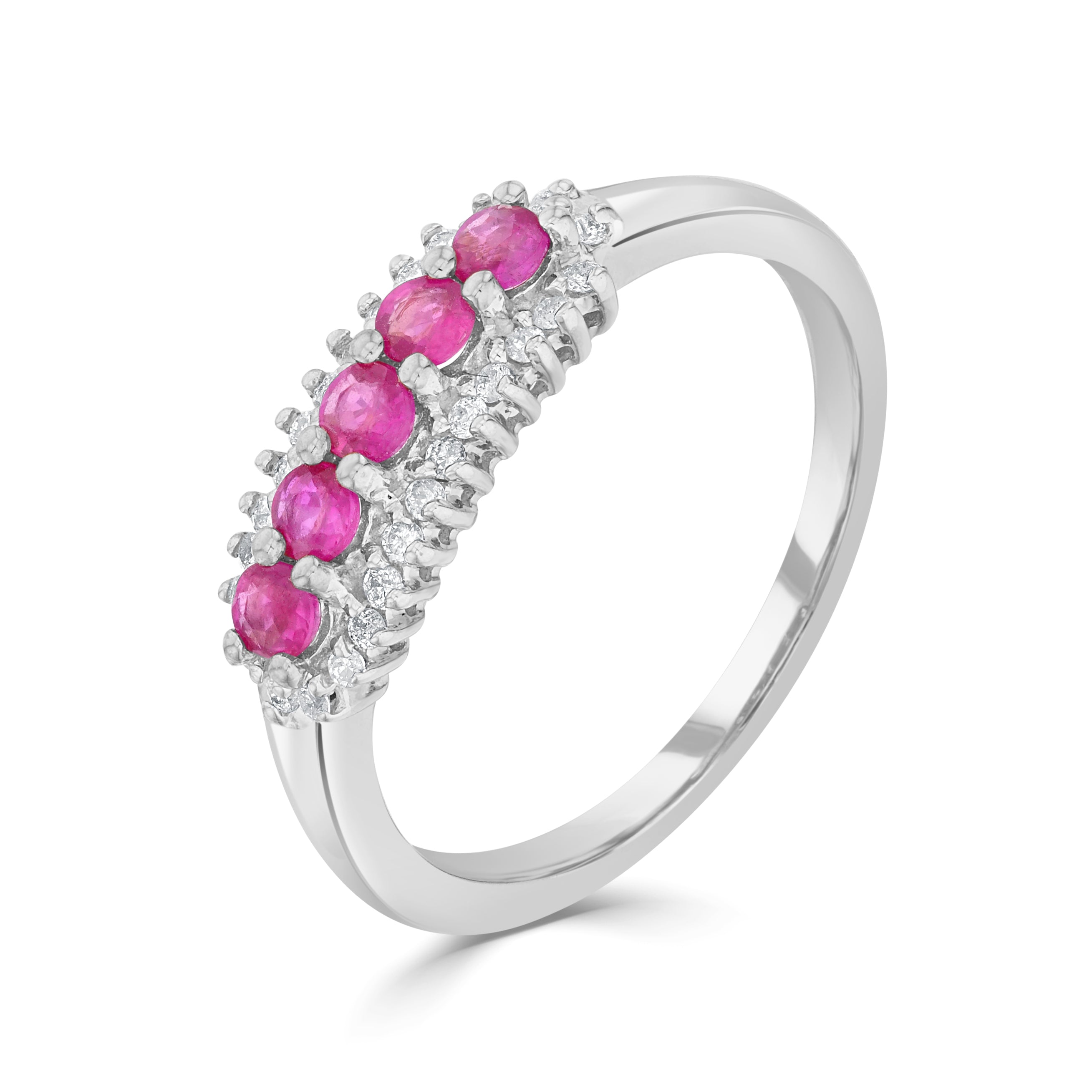 9CT WG ROUND RUBY AND ROUND DIAMOND 3 ROW CLAW SET BAND RING 1