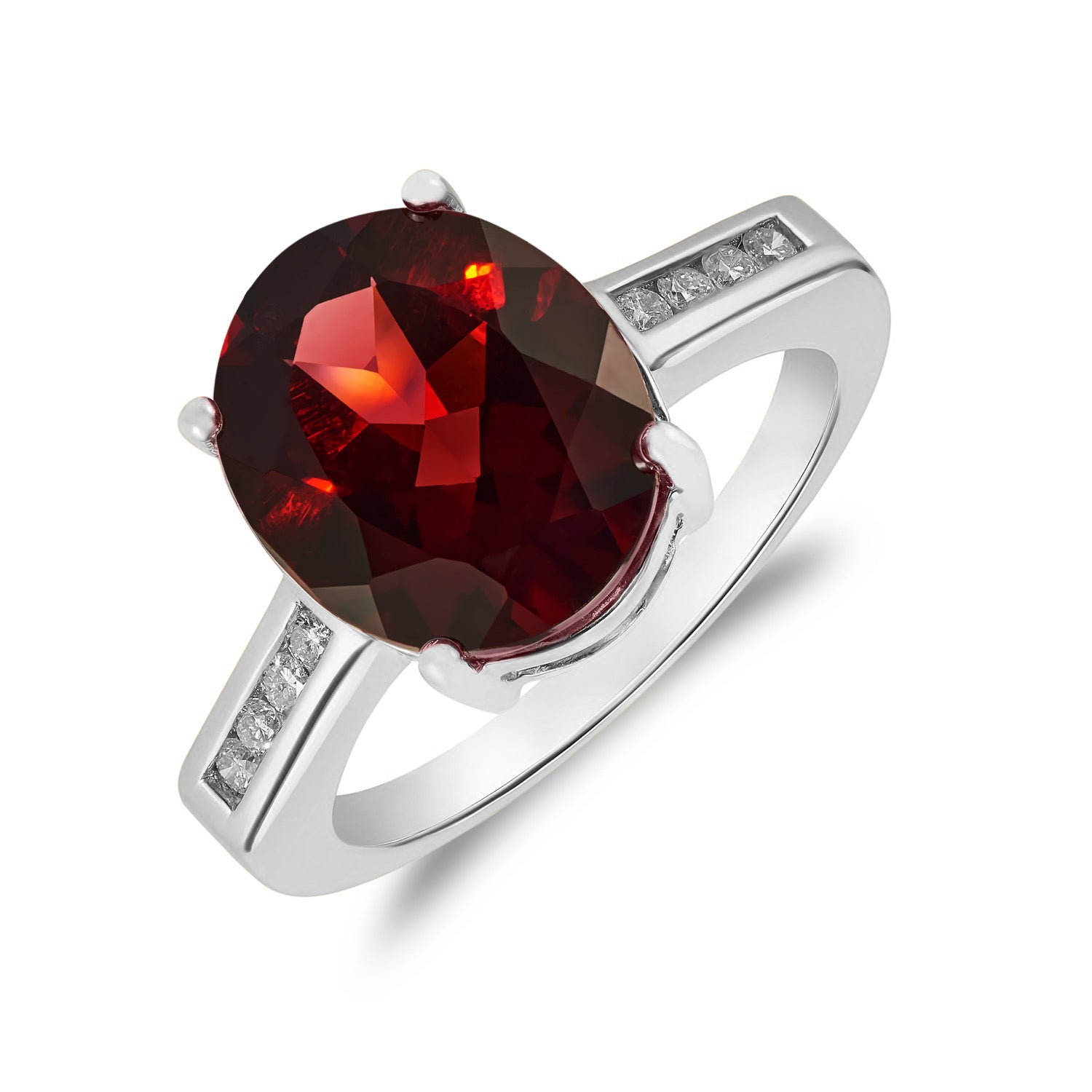 9CT WG 12X10MM CLAW SET OVAL GARNET SINGLE STONE RING WITH CHANNEL SET DIAMOND SHOULDERS 1