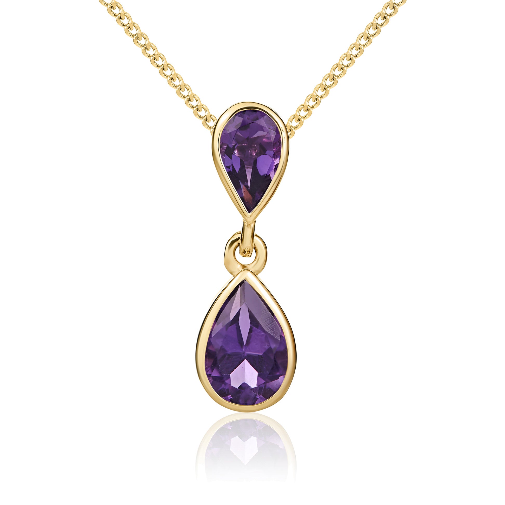 9ct Yellow Gold Pear Amethyst Rubover Double Drop Pendant