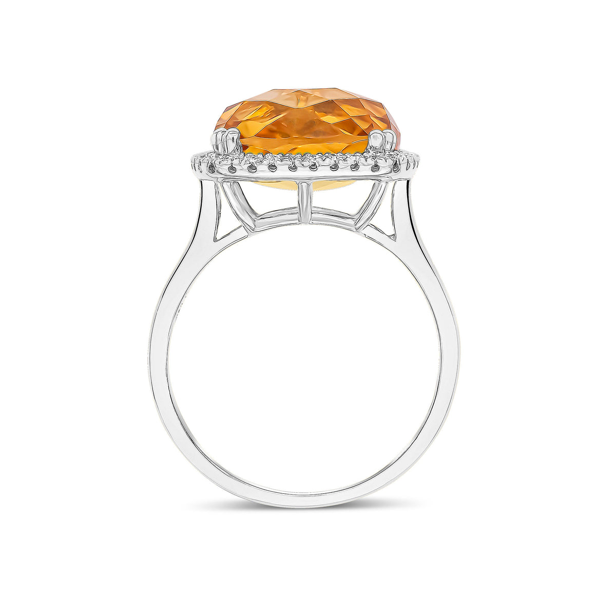 9ct White Gold 12mm Checkerboard Cut Cushion Citrine & Round Diamond Claw Set Cluster Ring