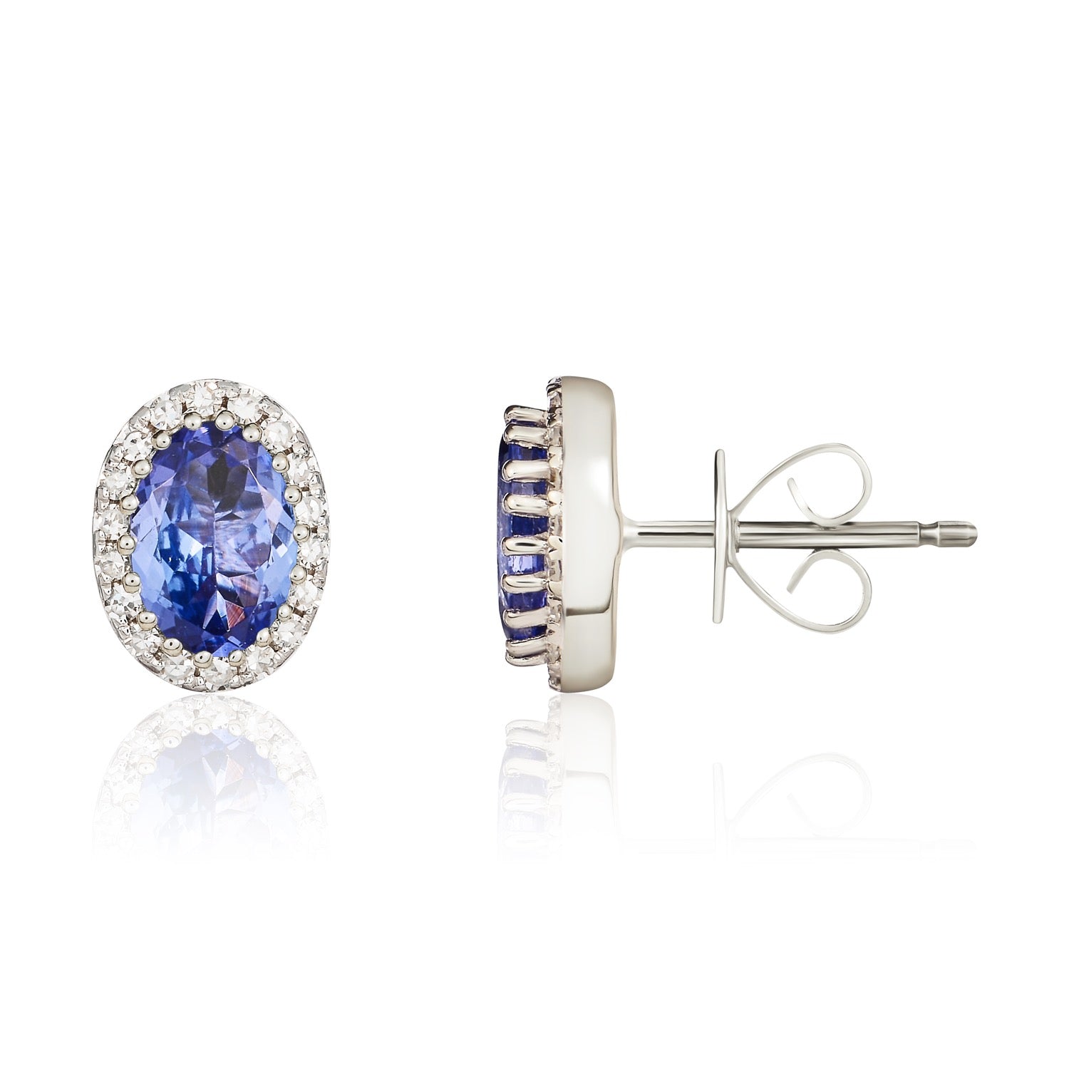 9ct White Gold 6x4 Oval Tanzanite & Diamond Claw Set Cluster Earrings