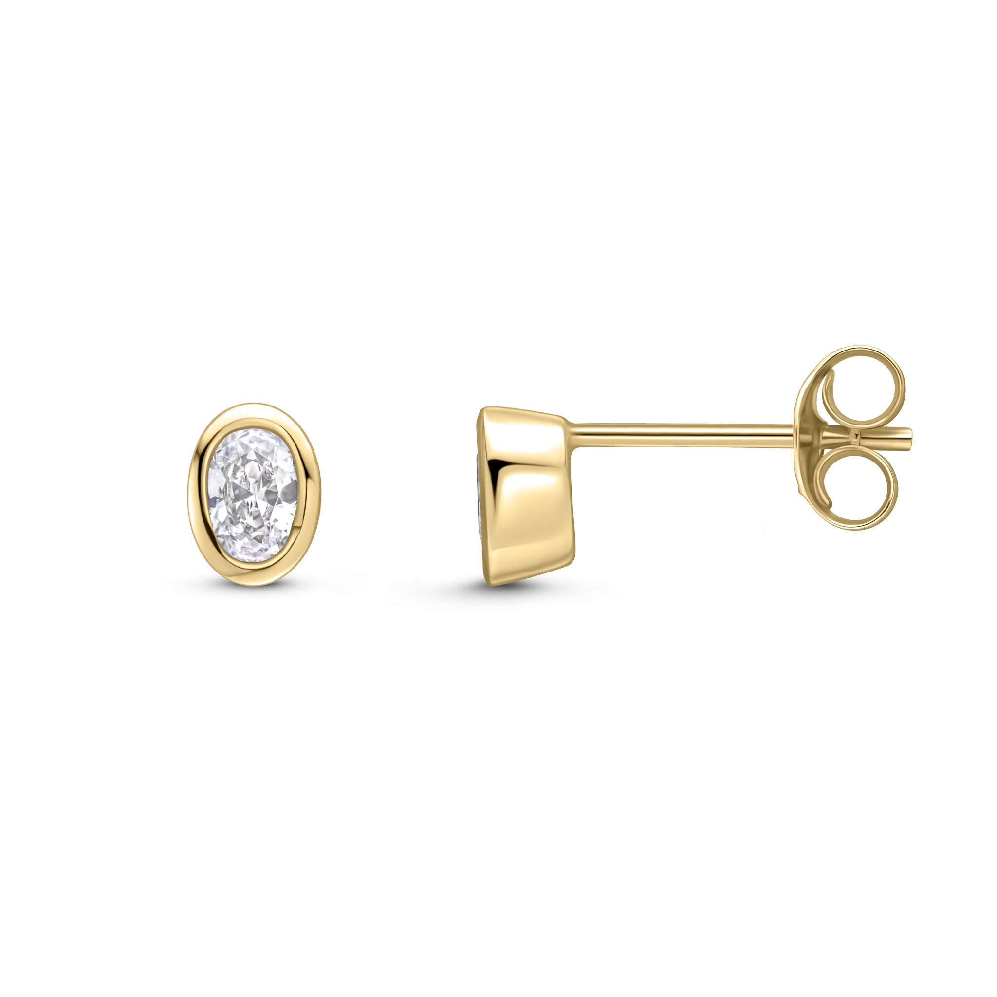 9ct Yellow Gold 4x3 Oval CZ Rubover Set Earrings