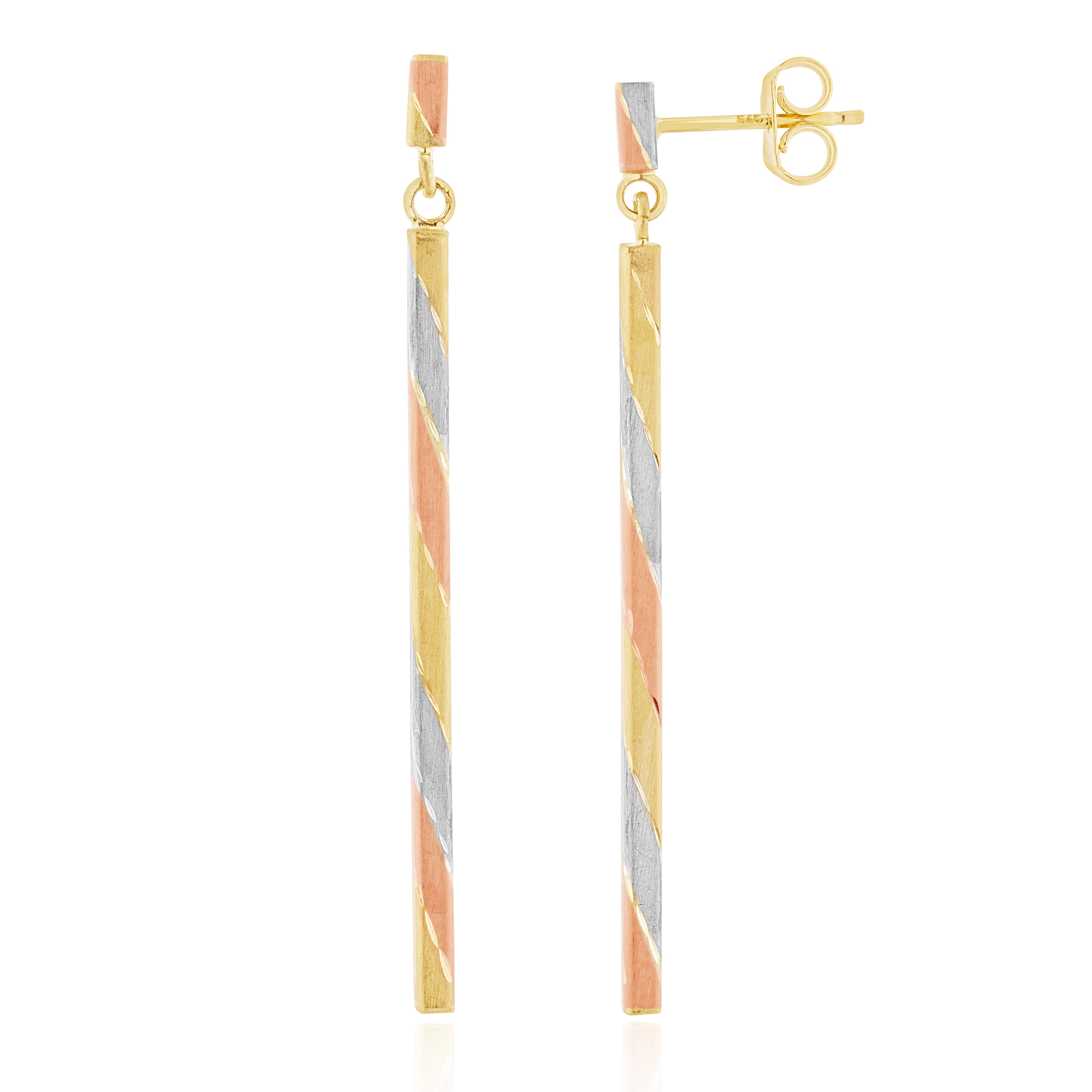 Three Tone 9ct Yellow White Rose Gold Satin Stripe Drop Earrings