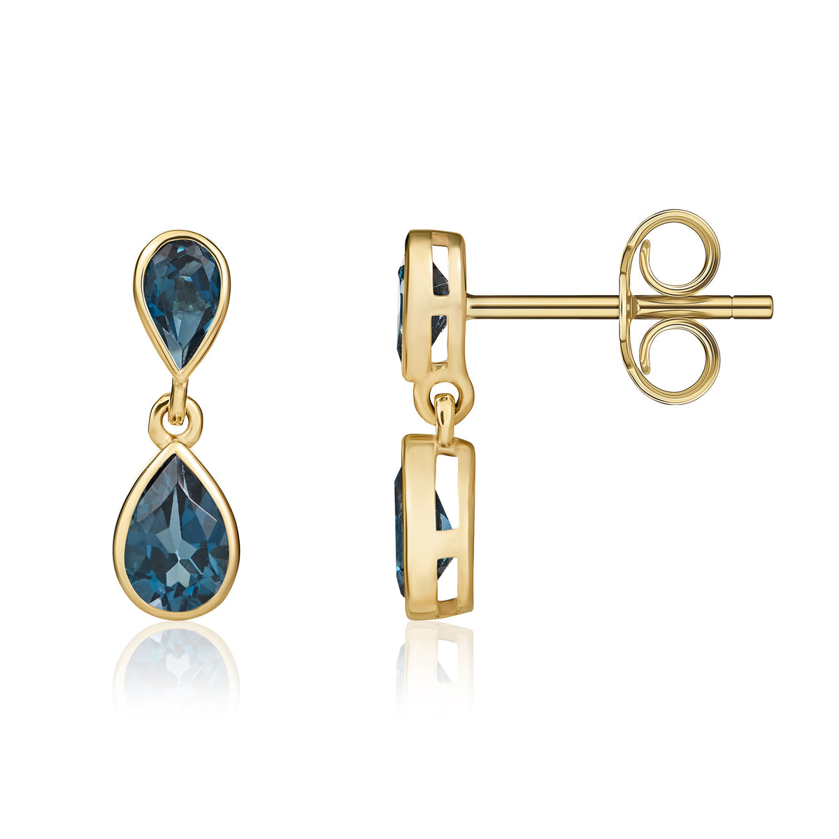 9ct Yellow Gold Pear Shape London Blue Topaz Rubover 2 Stone Drop Earrings