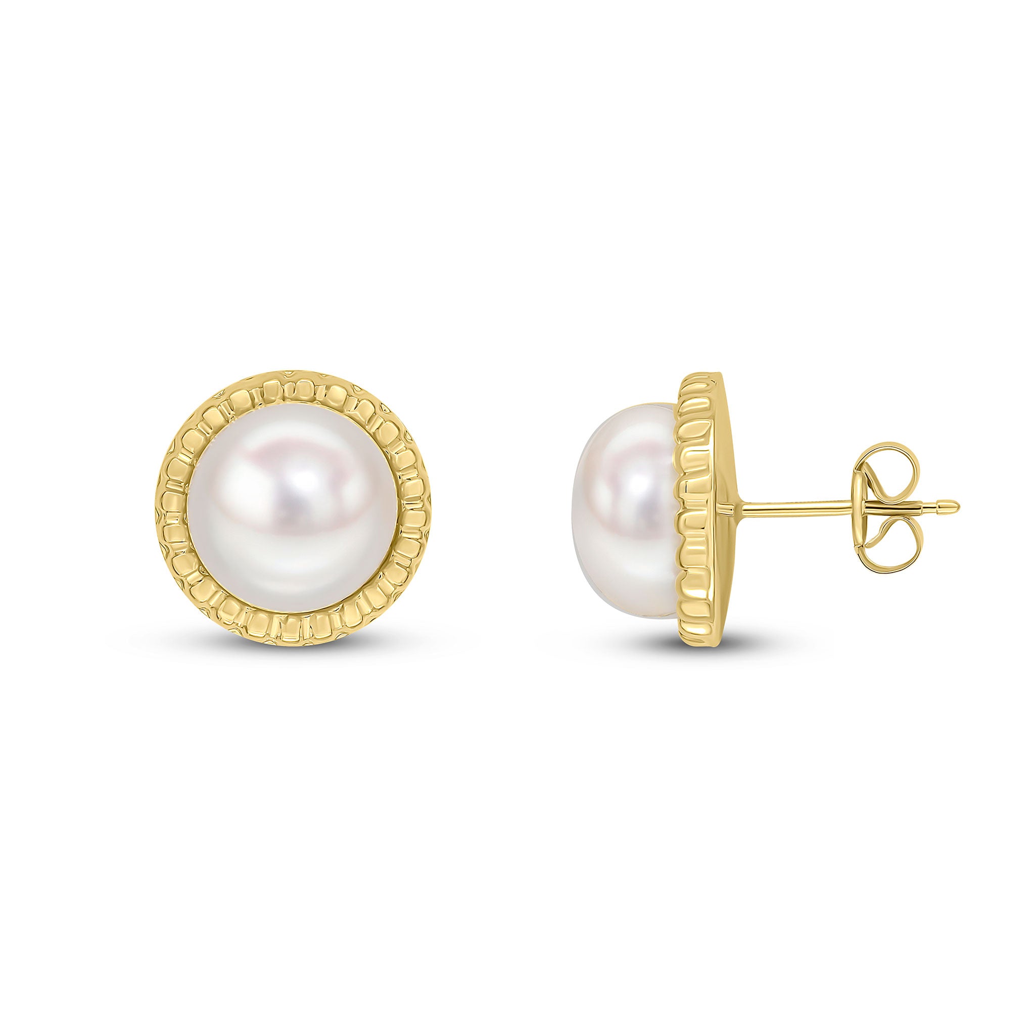 9ct Yellow Gold Button Freshwater Pearl Textured Border Stud Earrings
