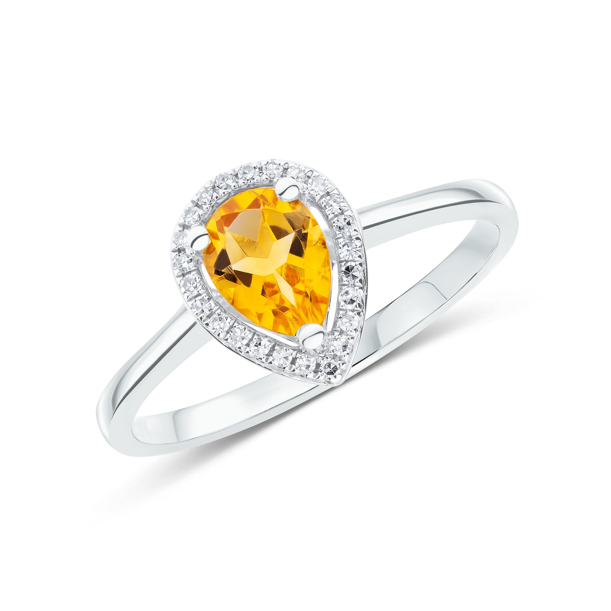 9ct White Gold 7x5 Pear Shape Citrine & Round Diamond Claw Set Halo Cluster Ring