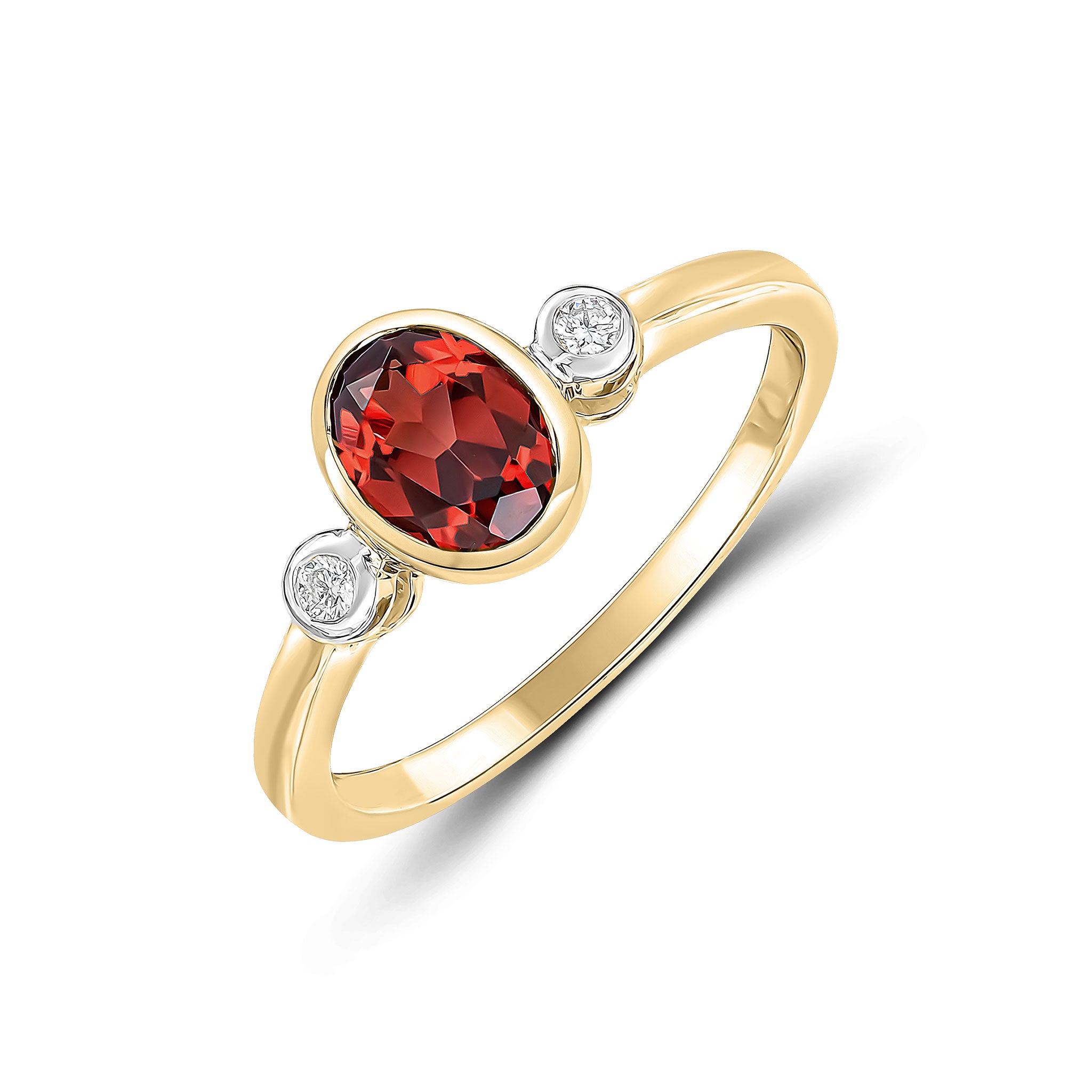 9CT YG 7X5 OVAL GARNET AND ROUND DIAMOND 3ST RUBOVER RING. RHODIUM TO DIAMONDS 1