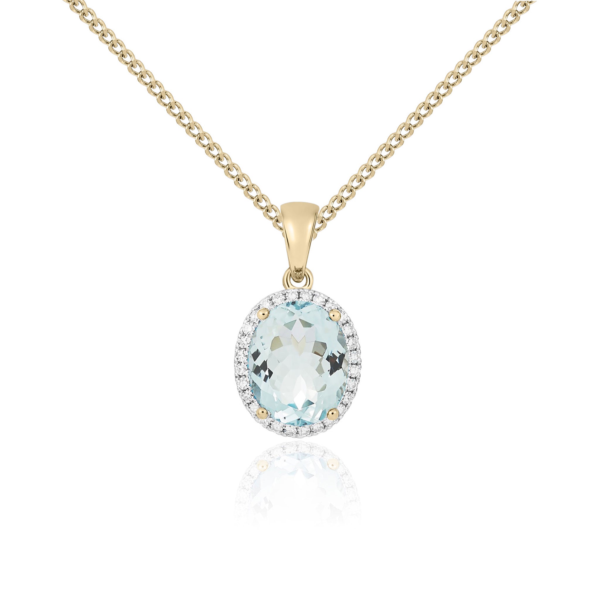 9ct Yellow Gold 10x8 Oval Aquamarine and Diamond Claw Set Cluster Pendant Rhodium to Diamonds