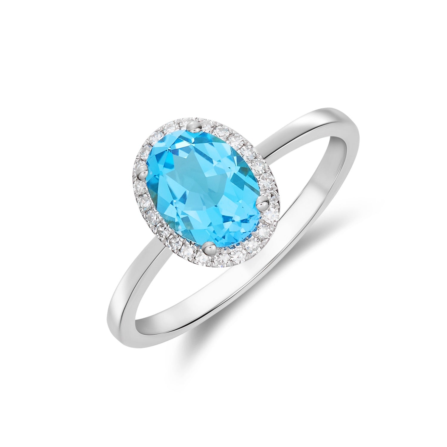 9CT WG 8X6 OVAL SWISS BLUE TOPAZ AND DIAMOND CLAW SET CLUSTER RING 1