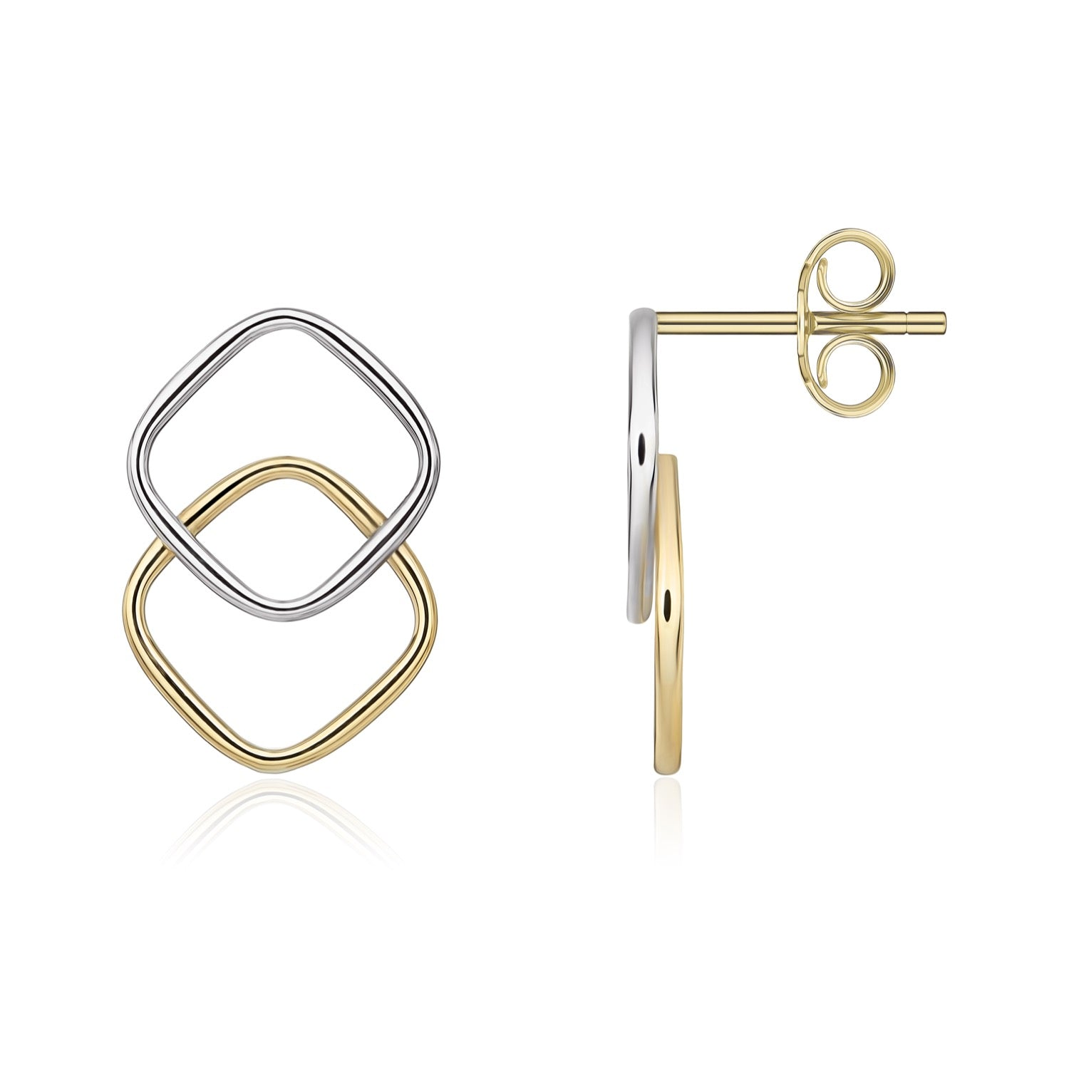9ct Two Tone White Yellow Gold Double Overlapping Open Cushion Stud Earrings