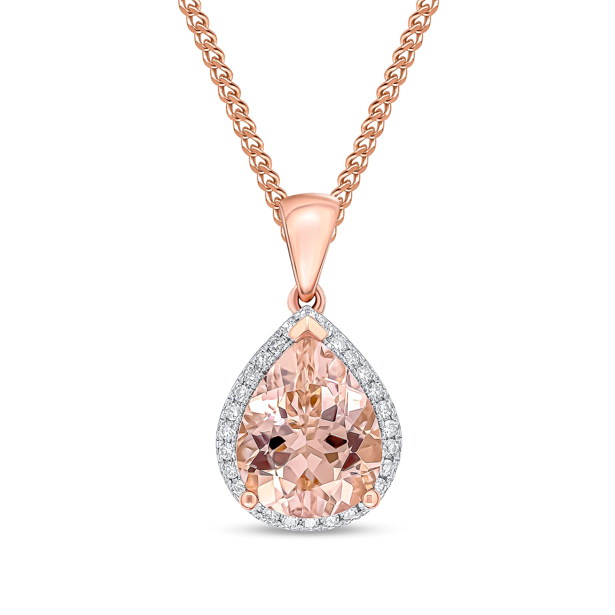 9ct rose gold pear shaped morganite & diamond cluster pendant