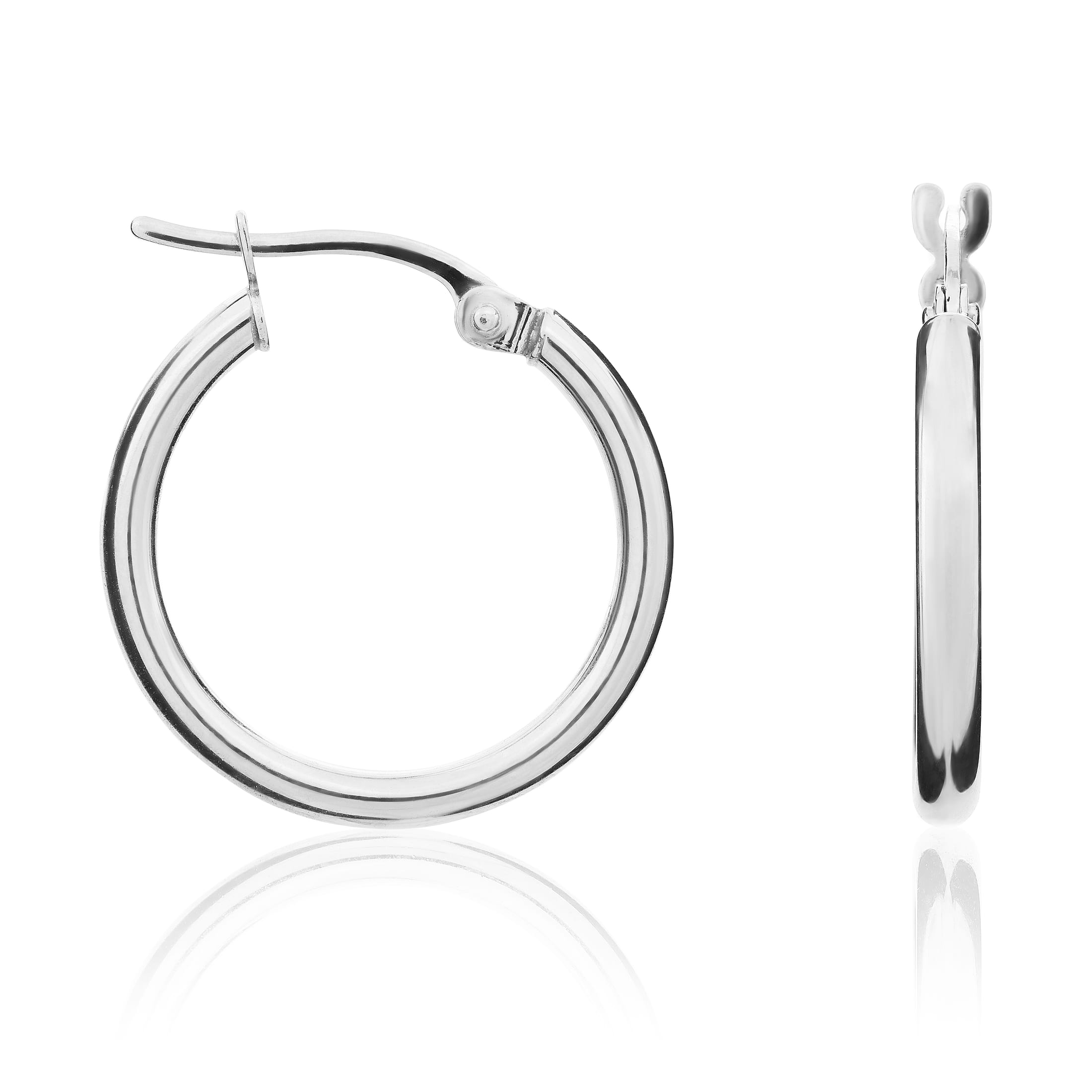 9ct White Gold 2mm Polished Tube Hoop Earrings. 19mm Outer Diameter